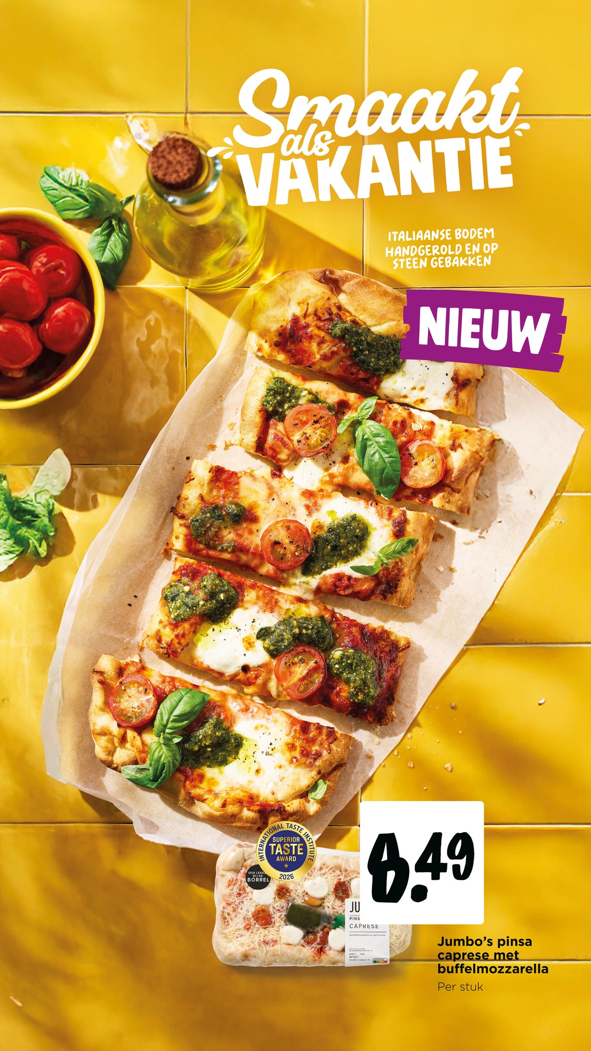 Jumbo’s pinsa caprese met buffelmozzarella, gemarkeerd op pagina 15 van de Jumbo folder