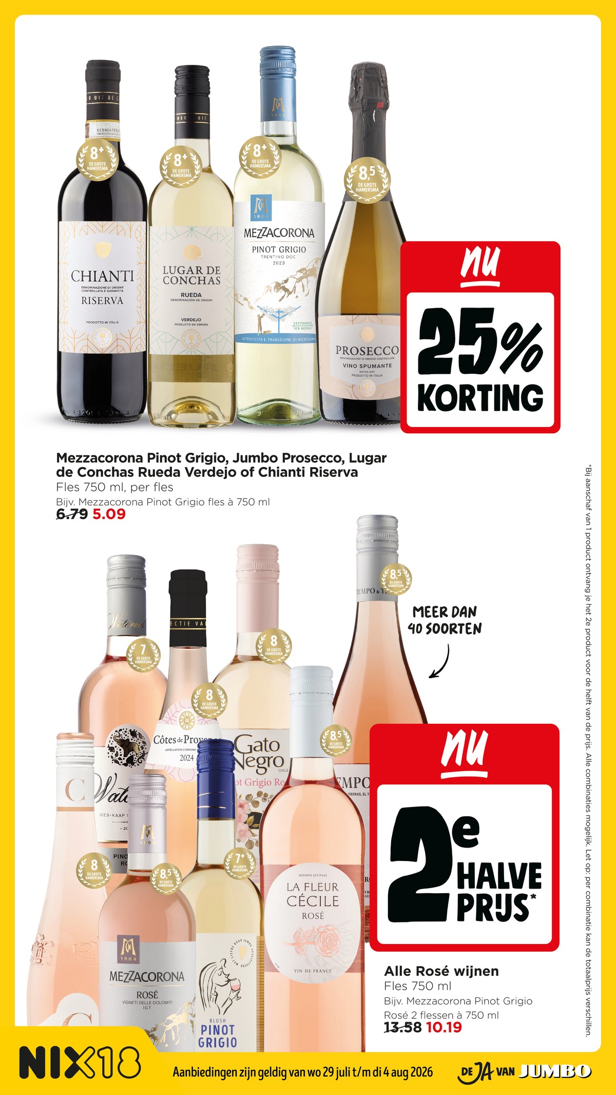 Mezzacorona Pinot Grigio, Jumbo Prosecco, Lugar de Conchas Rueda Verdejo of Chianti Riserva, gemarkeerd op pagina 16 van de Jumbo folder