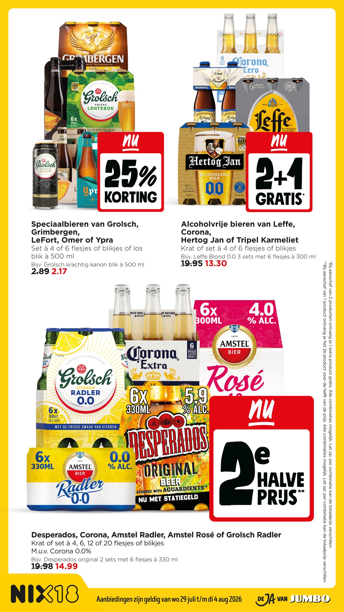Alcoholvrije bieren van Leffe, Corona, Hertog Jan of Tripel Karmeliet, gemarkeerd op pagina 17 van de Jumbo folder