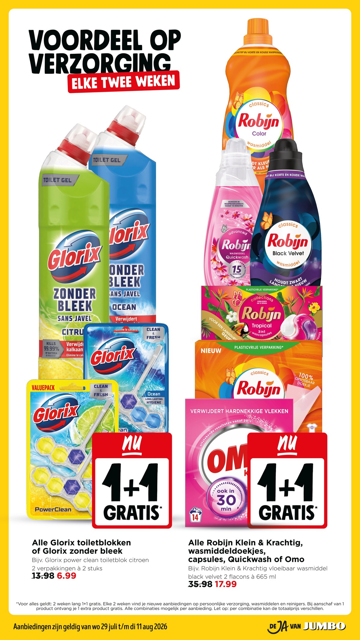Robijn Klein & Krachtig, wasmiddeldoekjes, capsules, Quickwash of Omo, gemarkeerd op pagina 22 van de Jumbo folder