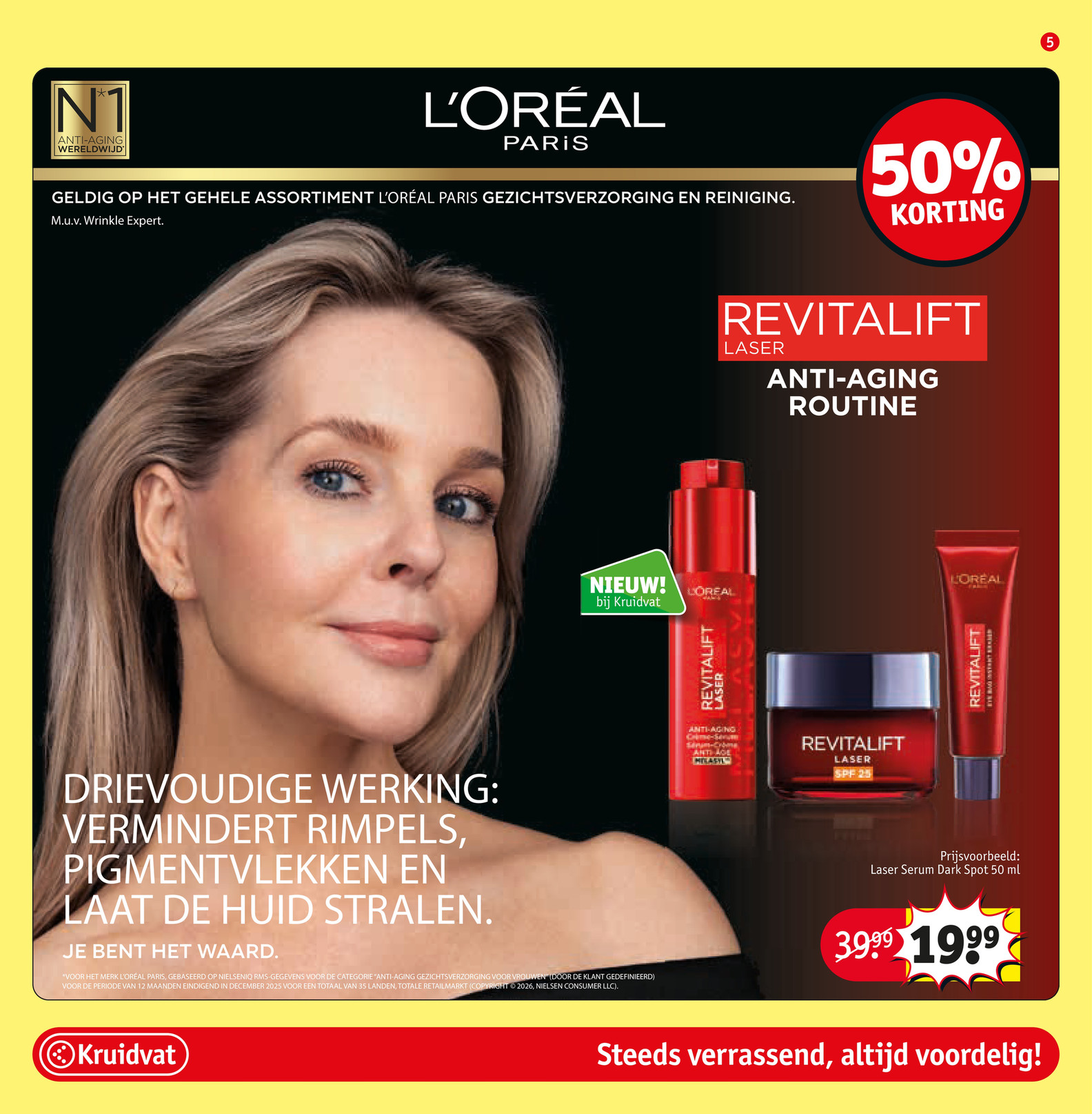 Revitalift Laser Serum Dark Spot, gemarkeerd op pagina 5 van de Kruidvat folder