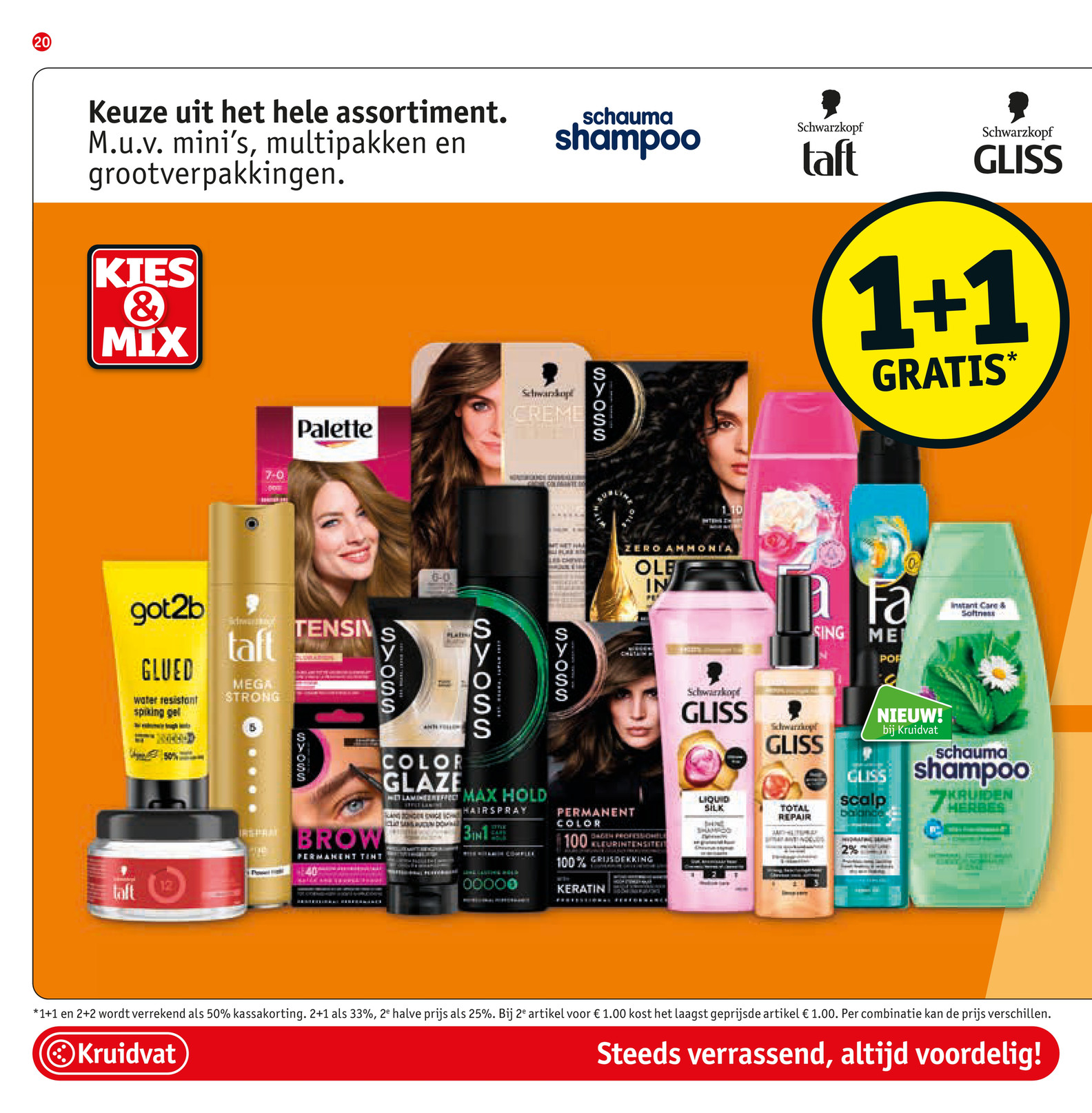 Schwarzkopf, Syoss, Fa, Schauma, Got2b & Palette assortiment, gemarkeerd op pagina 20 van de Kruidvat folder