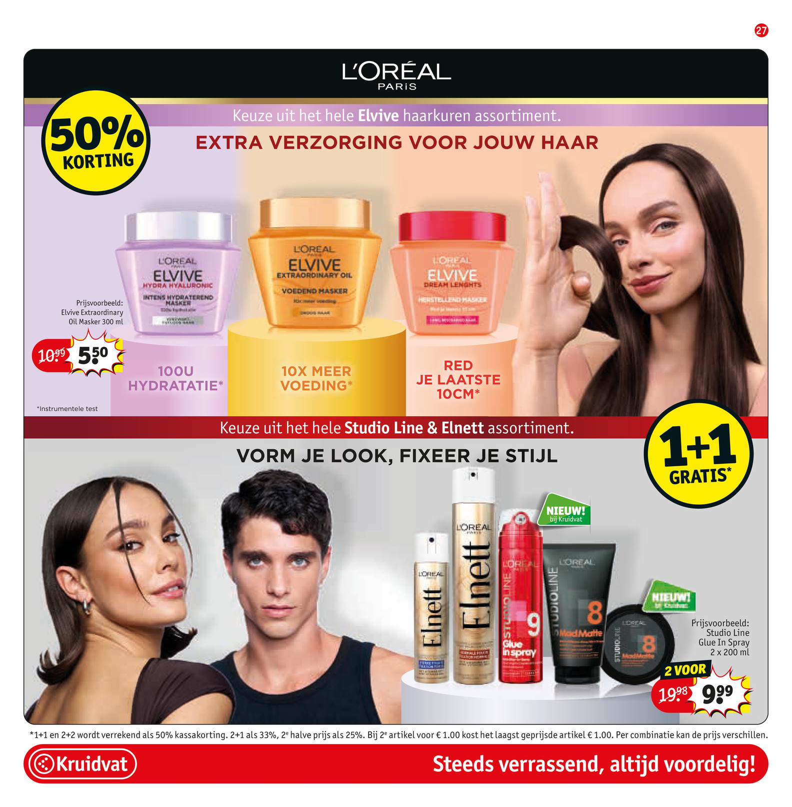 Studio Line & Elnett assortiment, gemarkeerd op pagina 27 van de Kruidvat folder