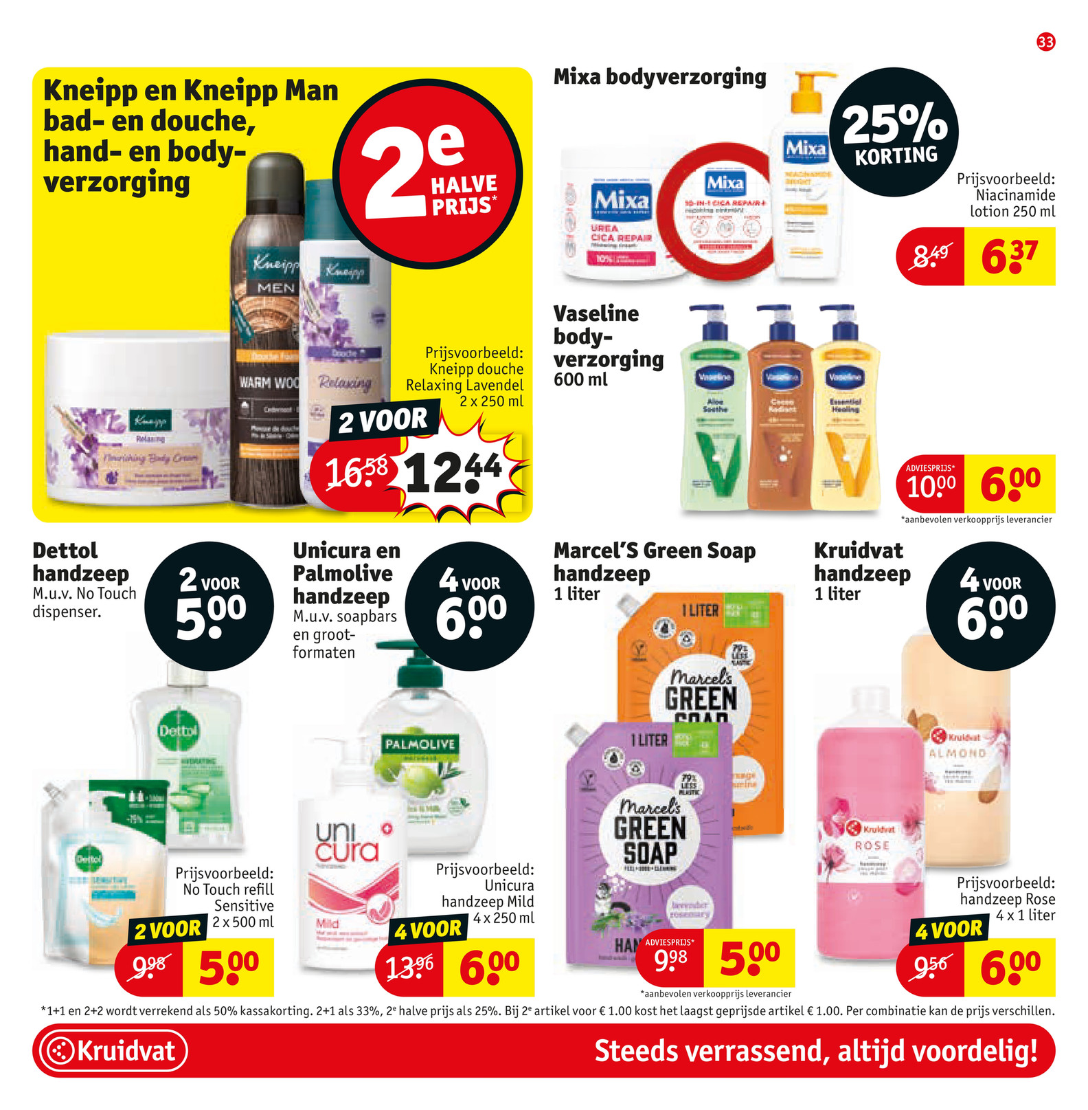 Kneipp bad- en douche, hand- en body-verzorging, gemarkeerd op pagina 33 van de Kruidvat folder