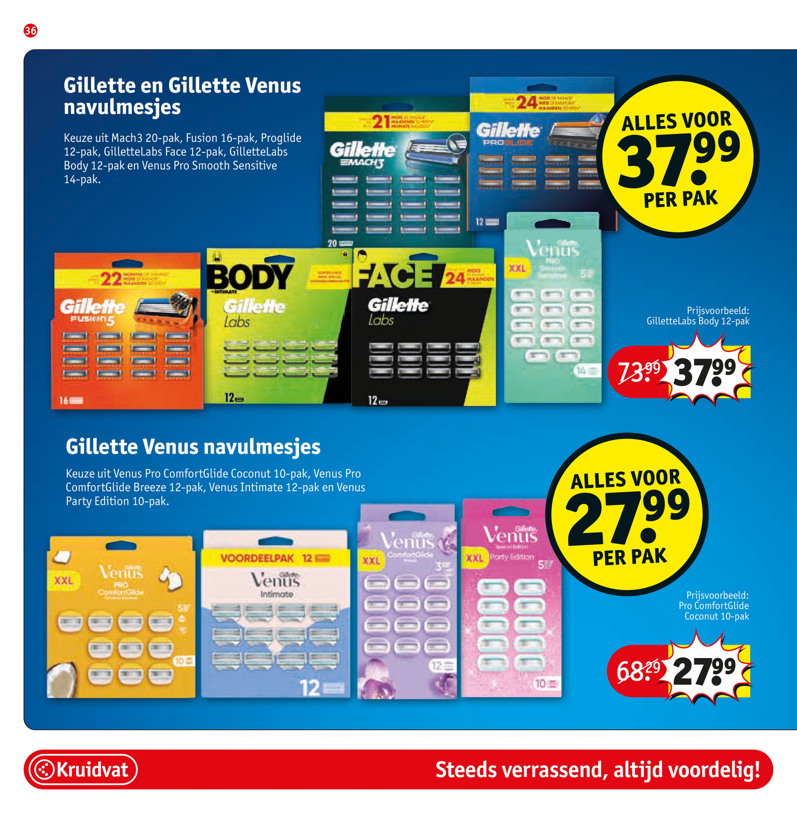 Gillette en Gillette Venus navulmesjes, gemarkeerd op pagina 36 van de Kruidvat folder