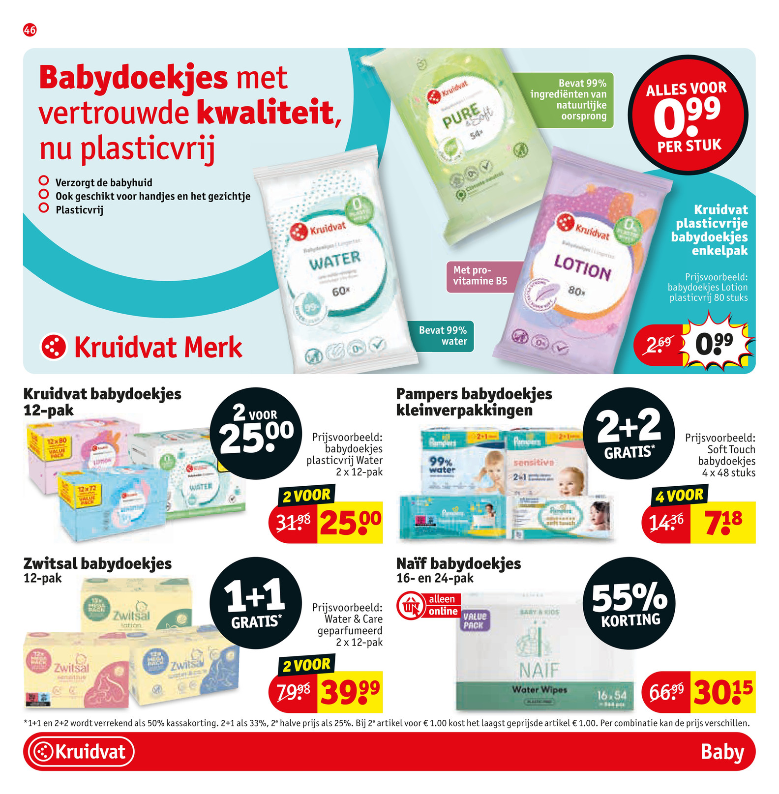Pampers babydoekjes kleinverpakkingen, gemarkeerd op pagina 46 van de Kruidvat folder