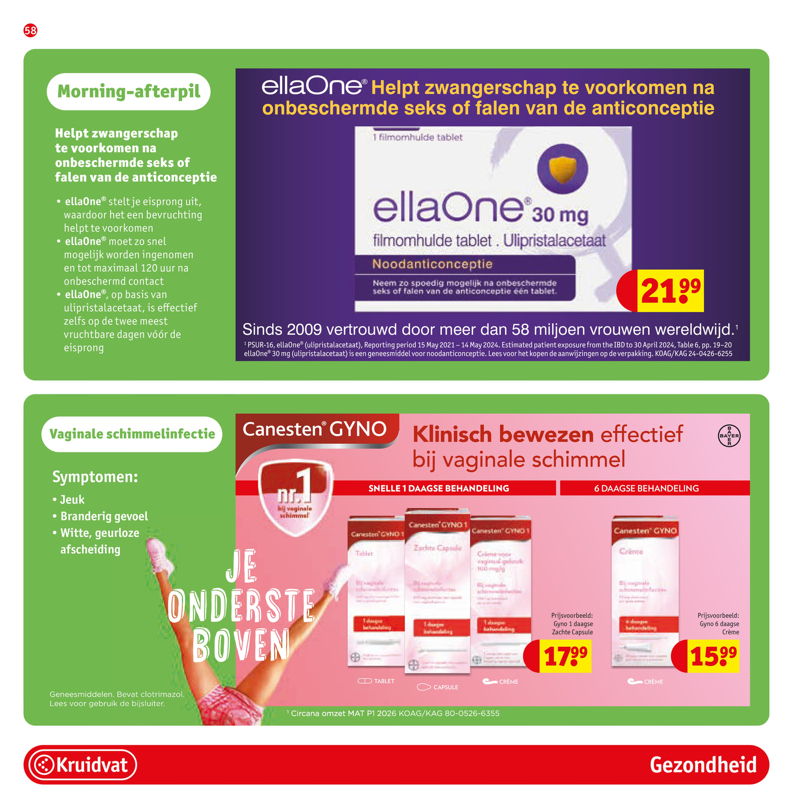 Canesten Gyno 1 daagse behandeling, gemarkeerd op pagina 60 van de Kruidvat folder
