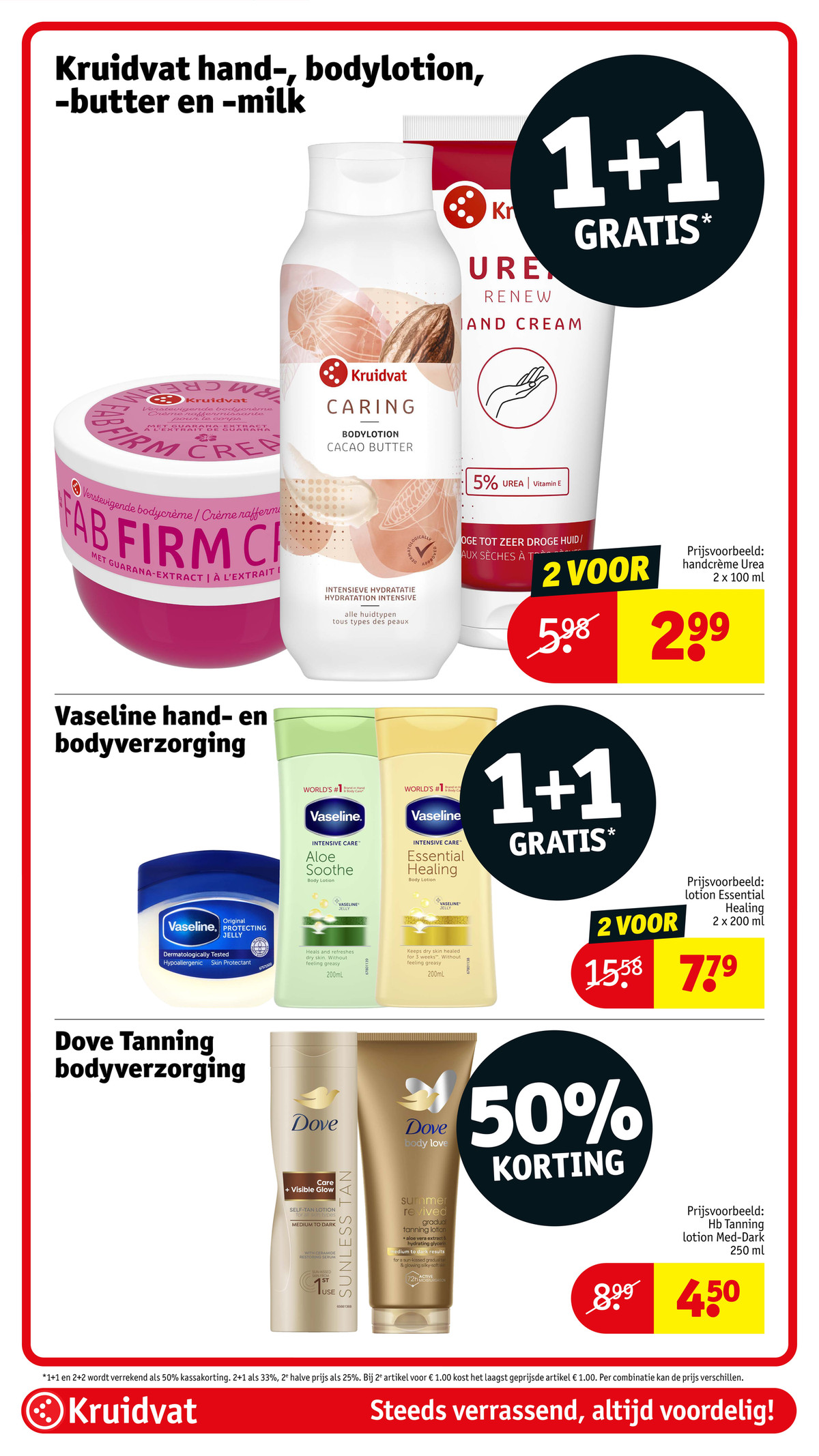Kruidvat hand-, bodylotion, -butter en -milk, gemarkeerd op pagina 52 van de Kruidvat folder