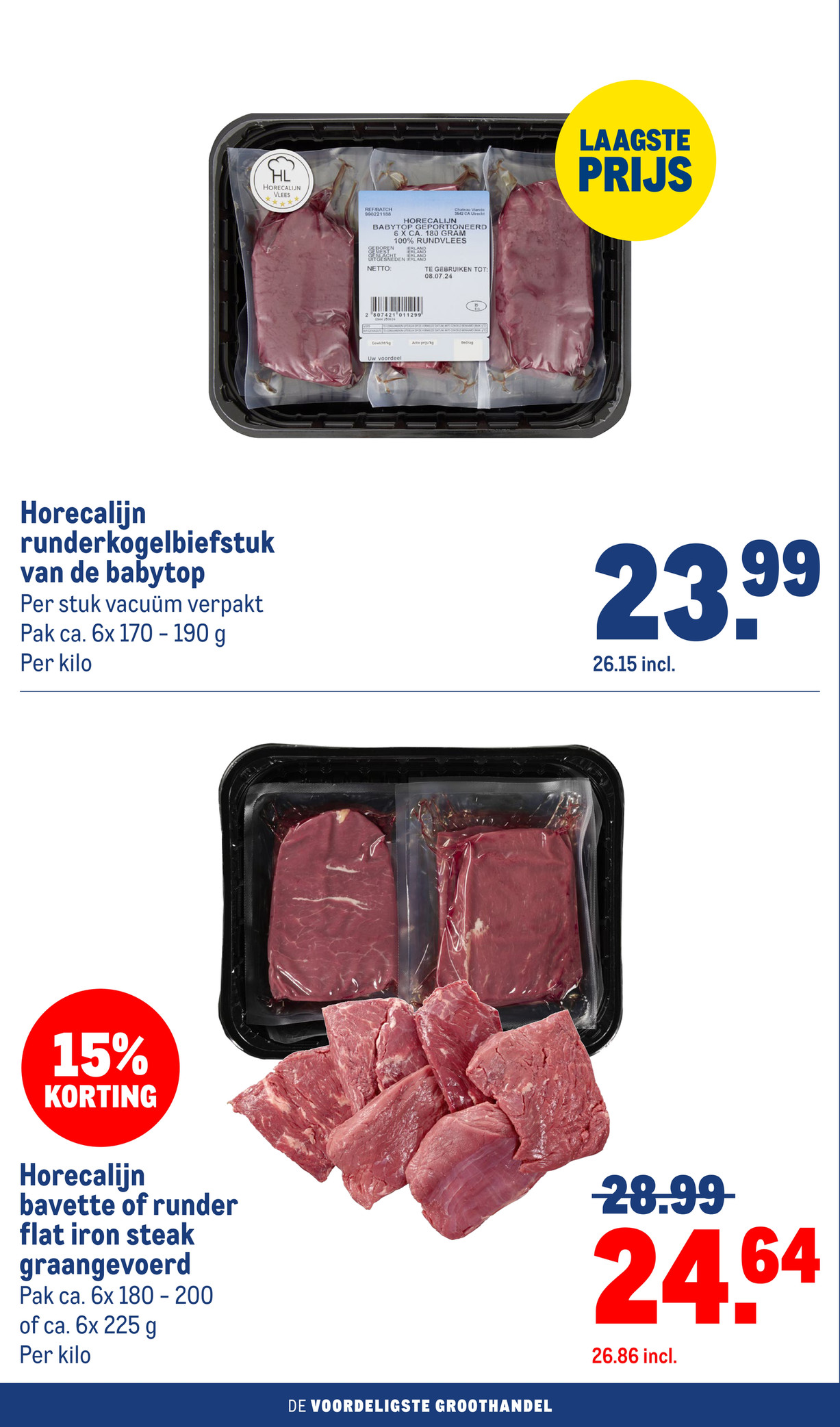 Horecalijn bavette of runder flat iron steak graangevoerd, gemarkeerd op pagina 10 van de Makro folder