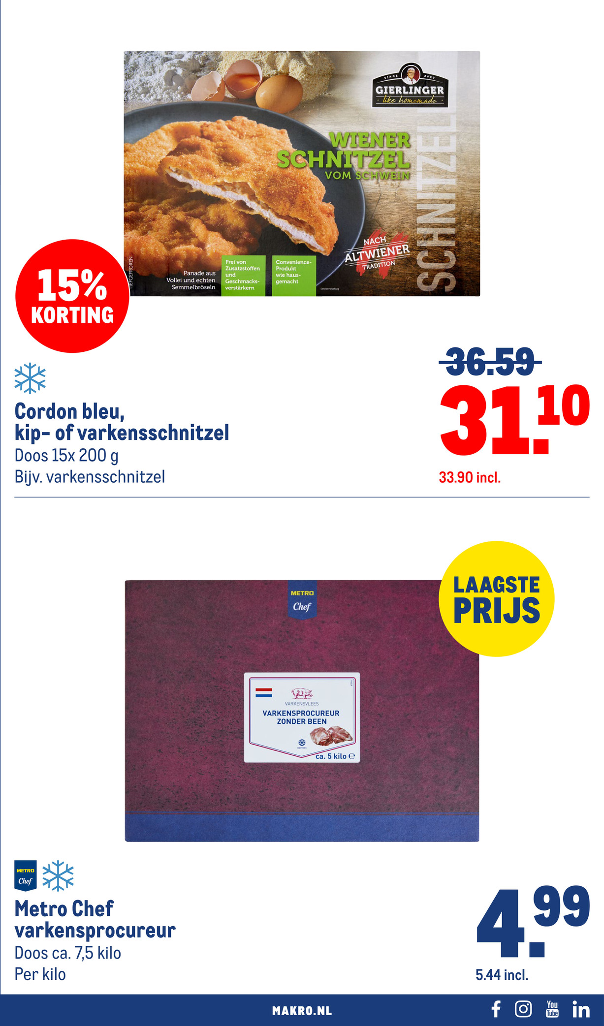 Gierlinger Cordon bleu, kip- of varkensschnitzel, gemarkeerd op pagina 17 van de Makro folder