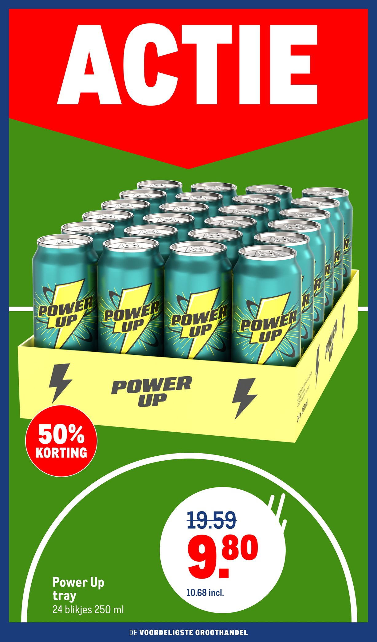 Power Up energydrink tray, gemarkeerd op pagina 2 van de Makro folder