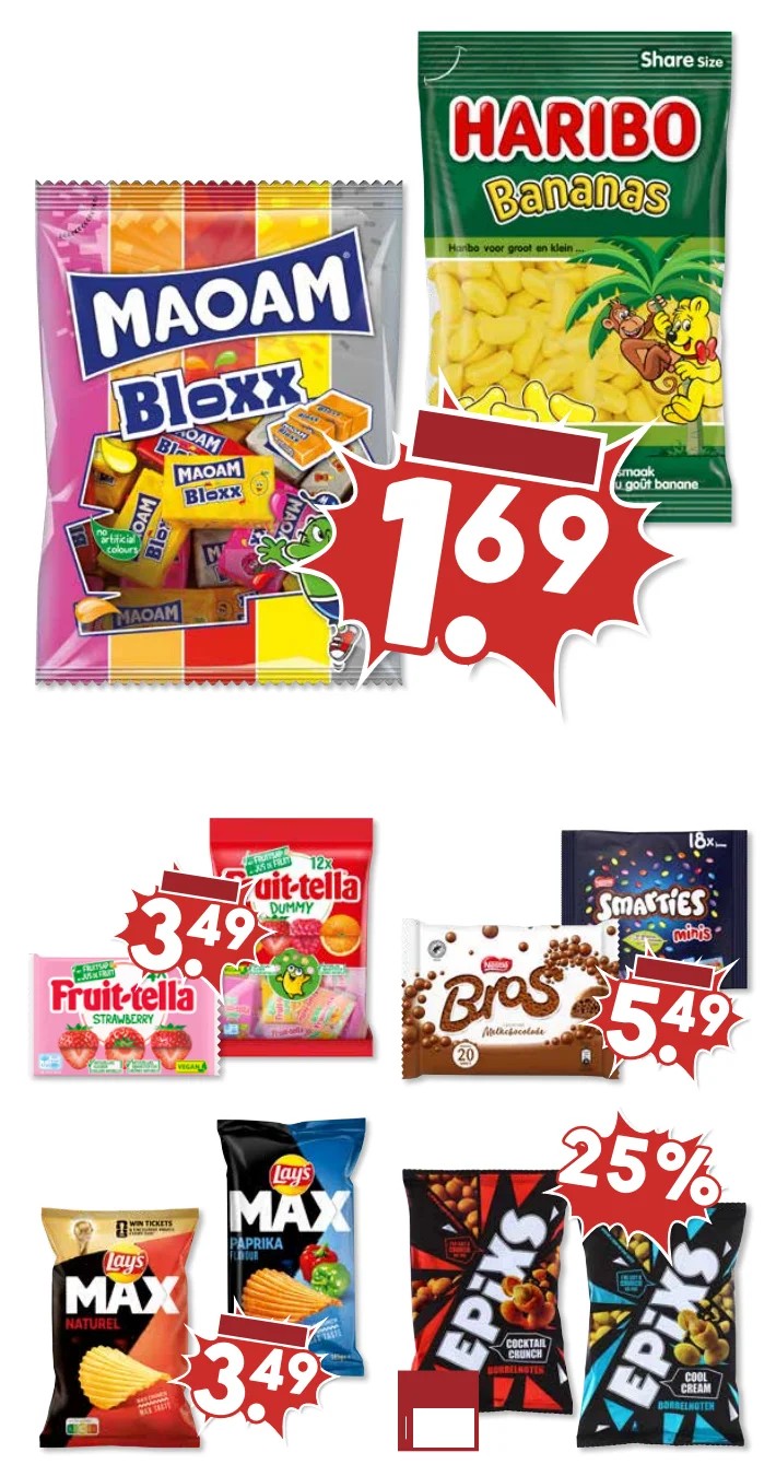 Maoam Bloxx en Haribo Bananas, gemarkeerd op pagina 17 van de MCD Supermarkt folder