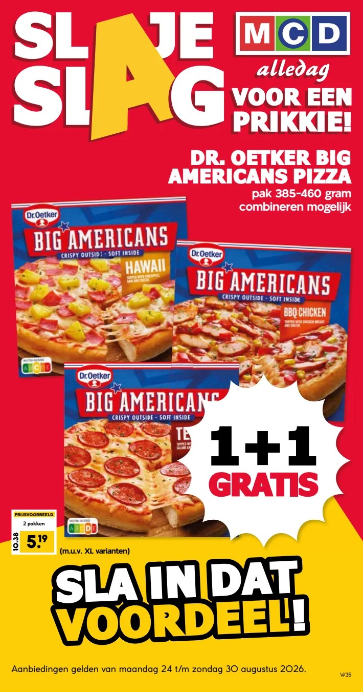 Dr. Oetker Big Americans Pizza, gemarkeerd op pagina 1 van de MCD Supermarkt folder