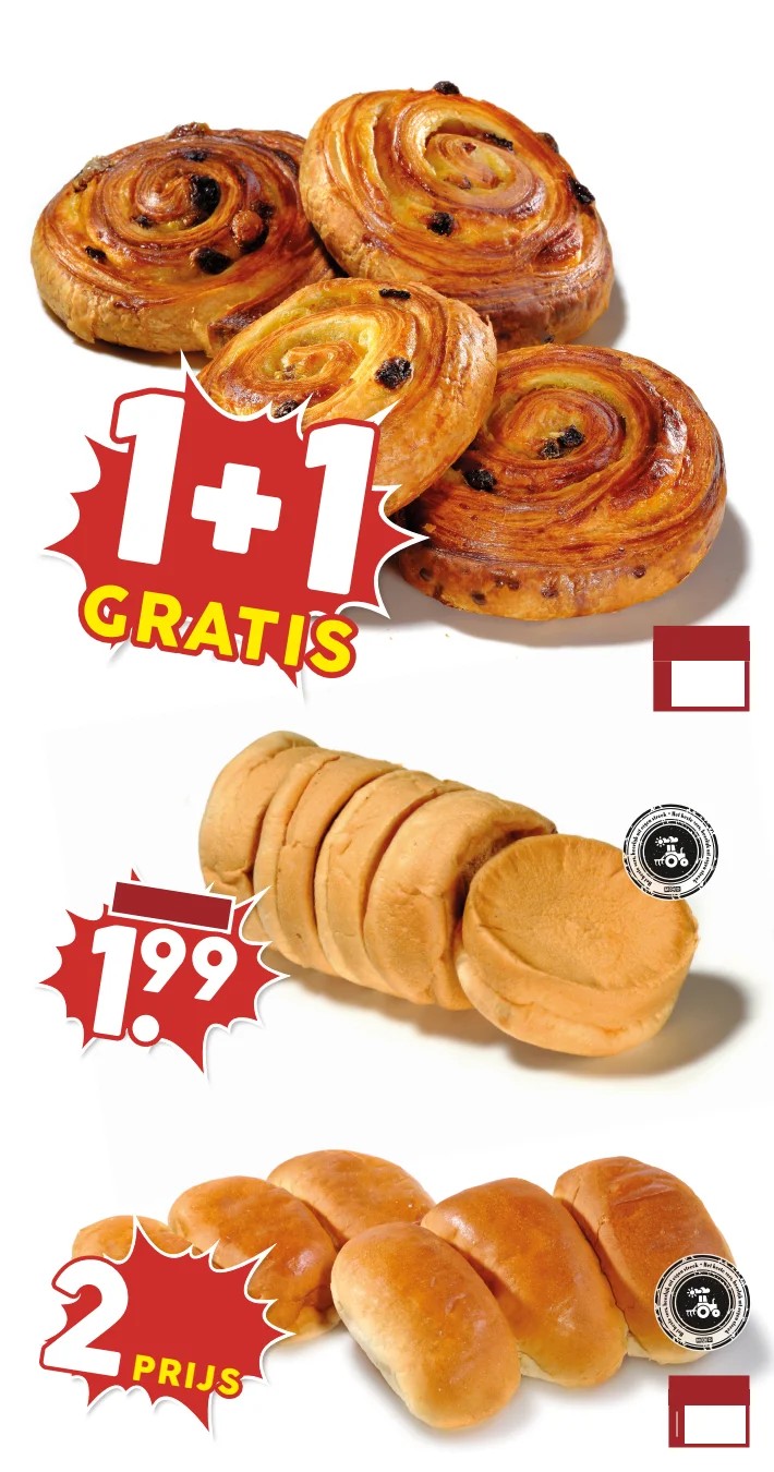 Krentenbollen/Rozijnenbroodjes, gemarkeerd op pagina 8 van de MCD Supermarkt folder