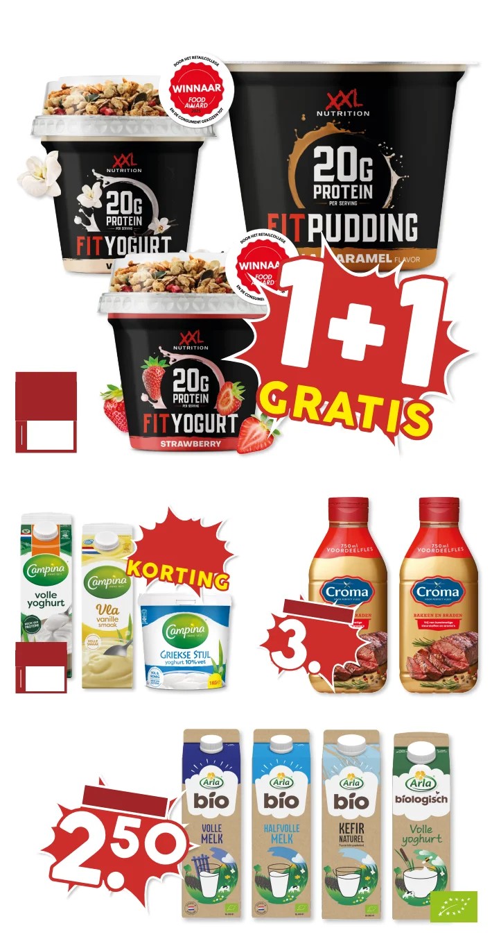 XXL Nutrition Fit Yoghurt & Pudding, gemarkeerd op pagina 12 van de MCD Supermarkt folder