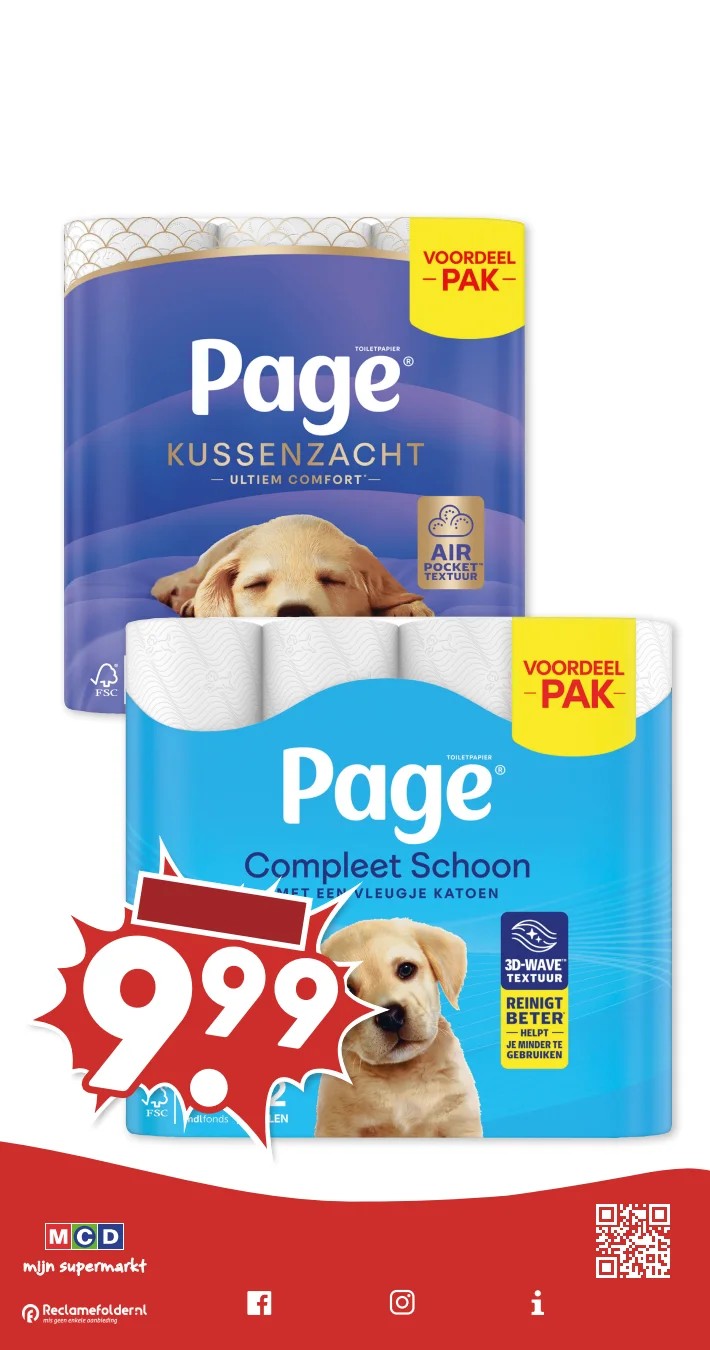 Toiletpapier Kussenzacht / Compleet Schoon, gemarkeerd op pagina 24 van de MCD Supermarkt folder