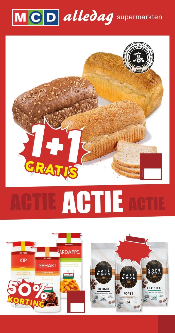 Café Nova koffie, gemarkeerd op pagina 1 van de MCD Supermarkt folder