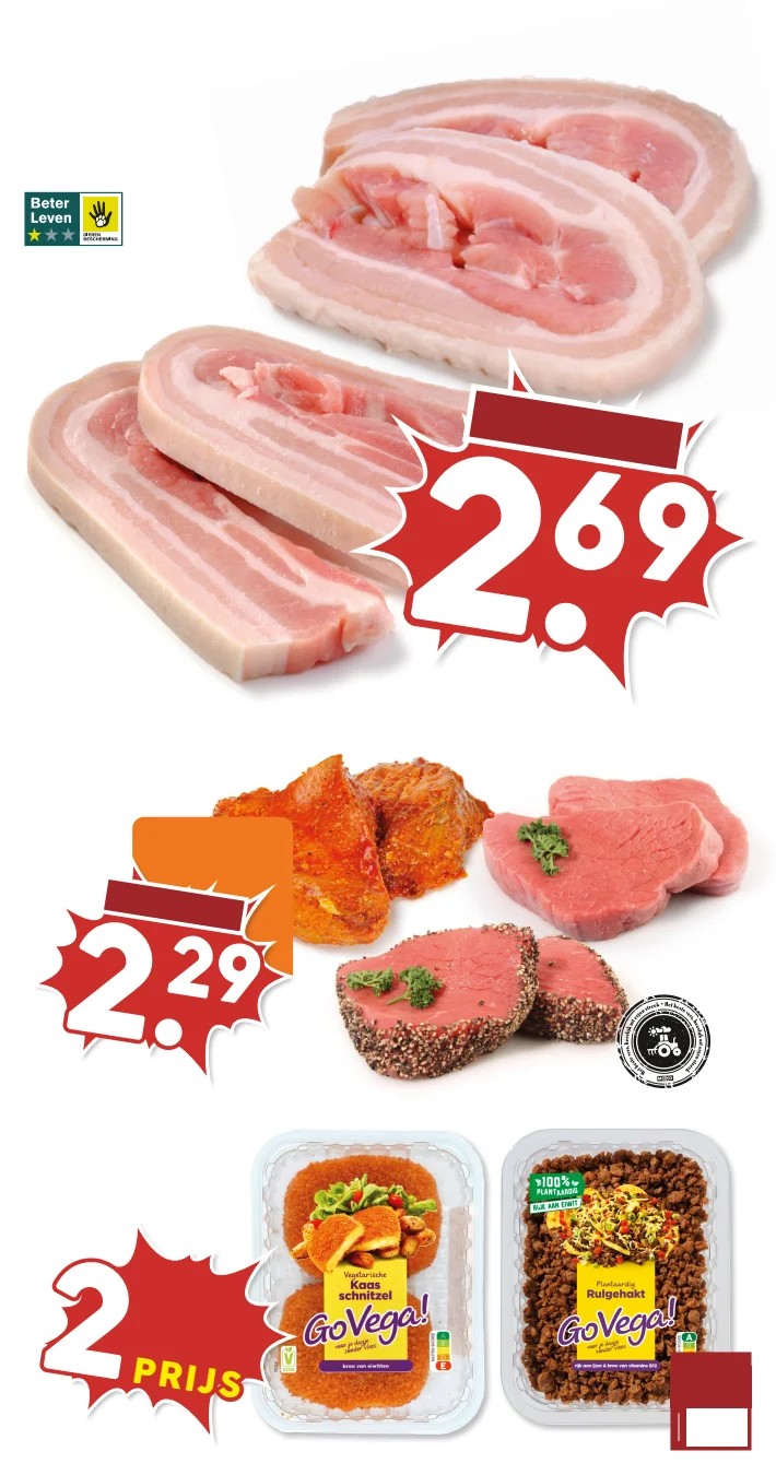 Vegetarische producten (kaasschnitzel of rulgehakt), gemarkeerd op pagina 6 van de MCD Supermarkt folder