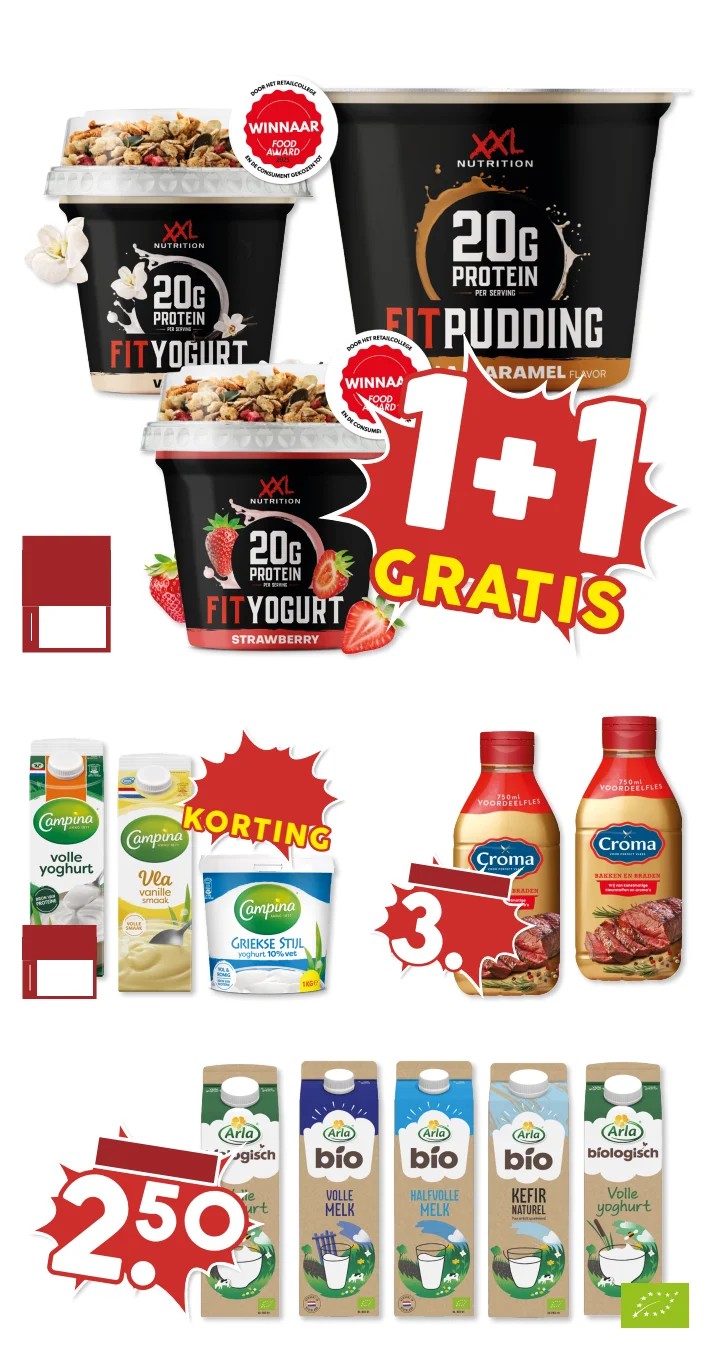 XXL Nutrition FitYogurt en FitPudding, gemarkeerd op pagina 12 van de MCD Supermarkt folder