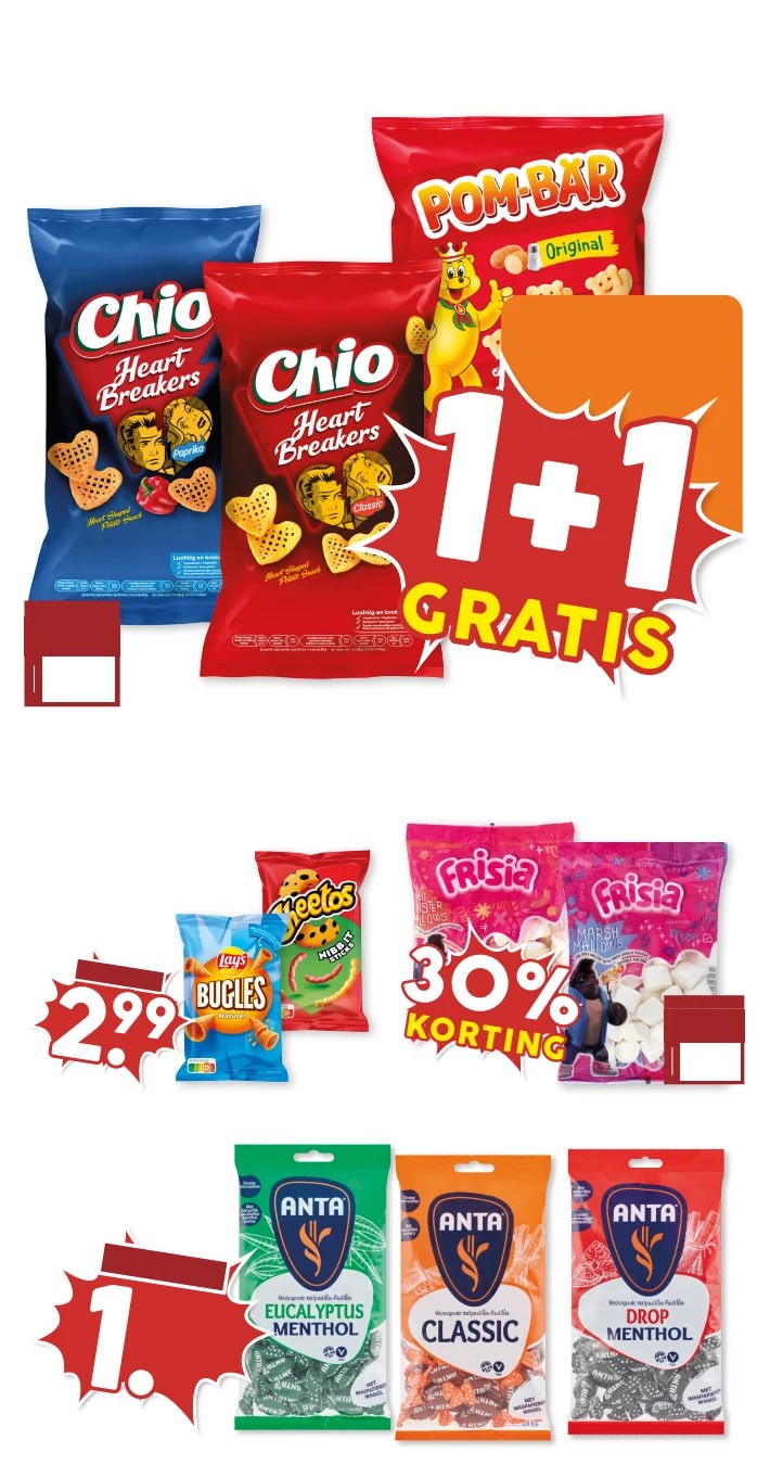 Chio Heart Breakers & Pom-Bär, gemarkeerd op pagina 17 van de MCD Supermarkt folder