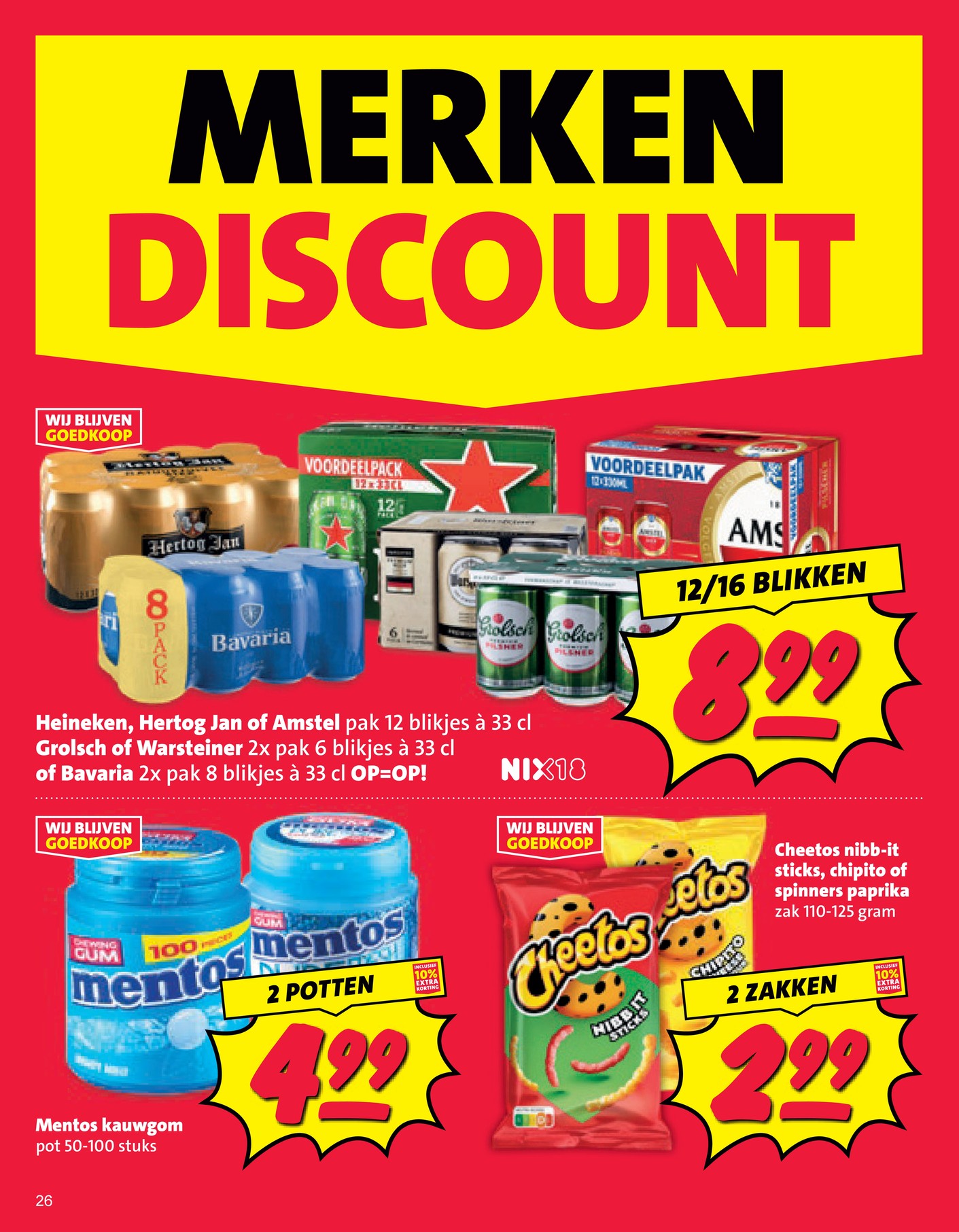 Bier (Heineken, Hertog Jan, Amstel, Grolsch, Warsteiner, Bavaria), gemarkeerd op pagina 26 van de Nettorama folder