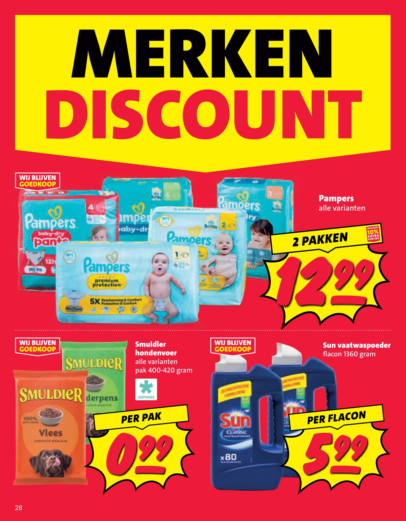 Pampers alle varianten, gemarkeerd op pagina 28 van de Nettorama folder