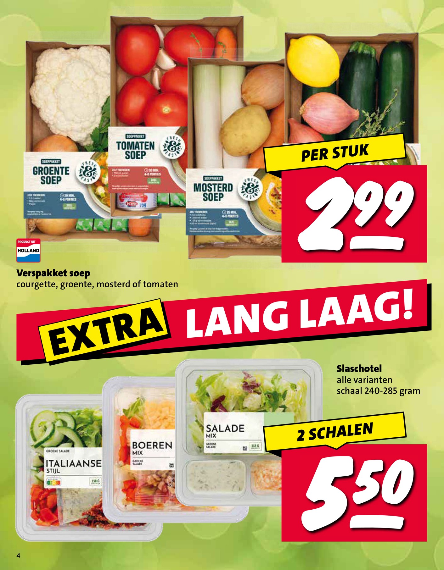 Verspakket soep (courgette, groente, mosterd of tomaten), gemarkeerd op pagina 4 van de Nettorama folder