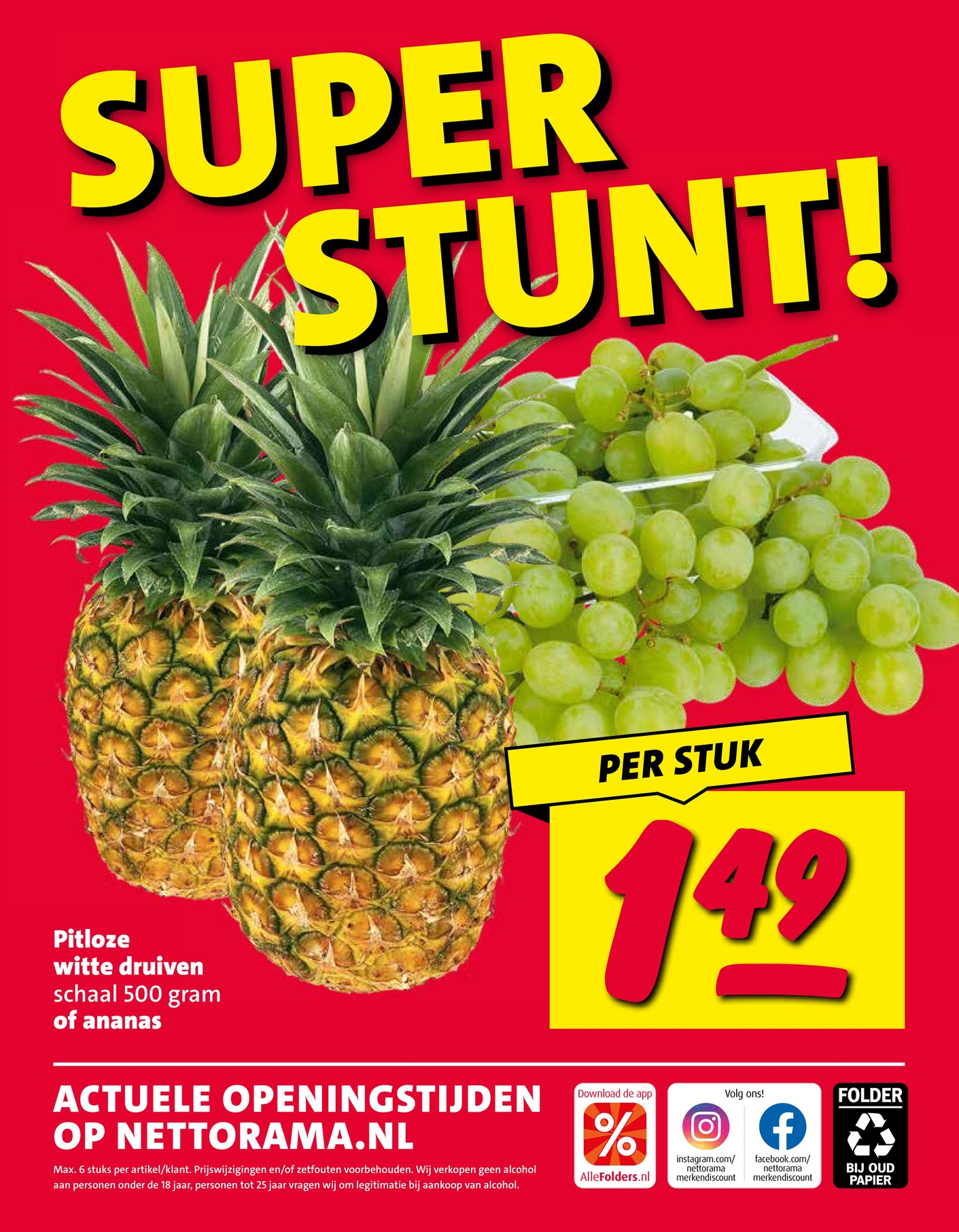 Pitloze witte druiven of ananas, gemarkeerd op pagina 36 van de Nettorama folder