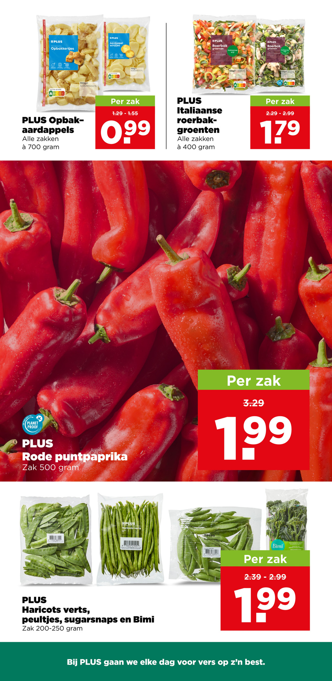 PLUS Haricots verts, peultjes, sugarsnaps en Bimi, gemarkeerd op pagina 5 van de Plus folder