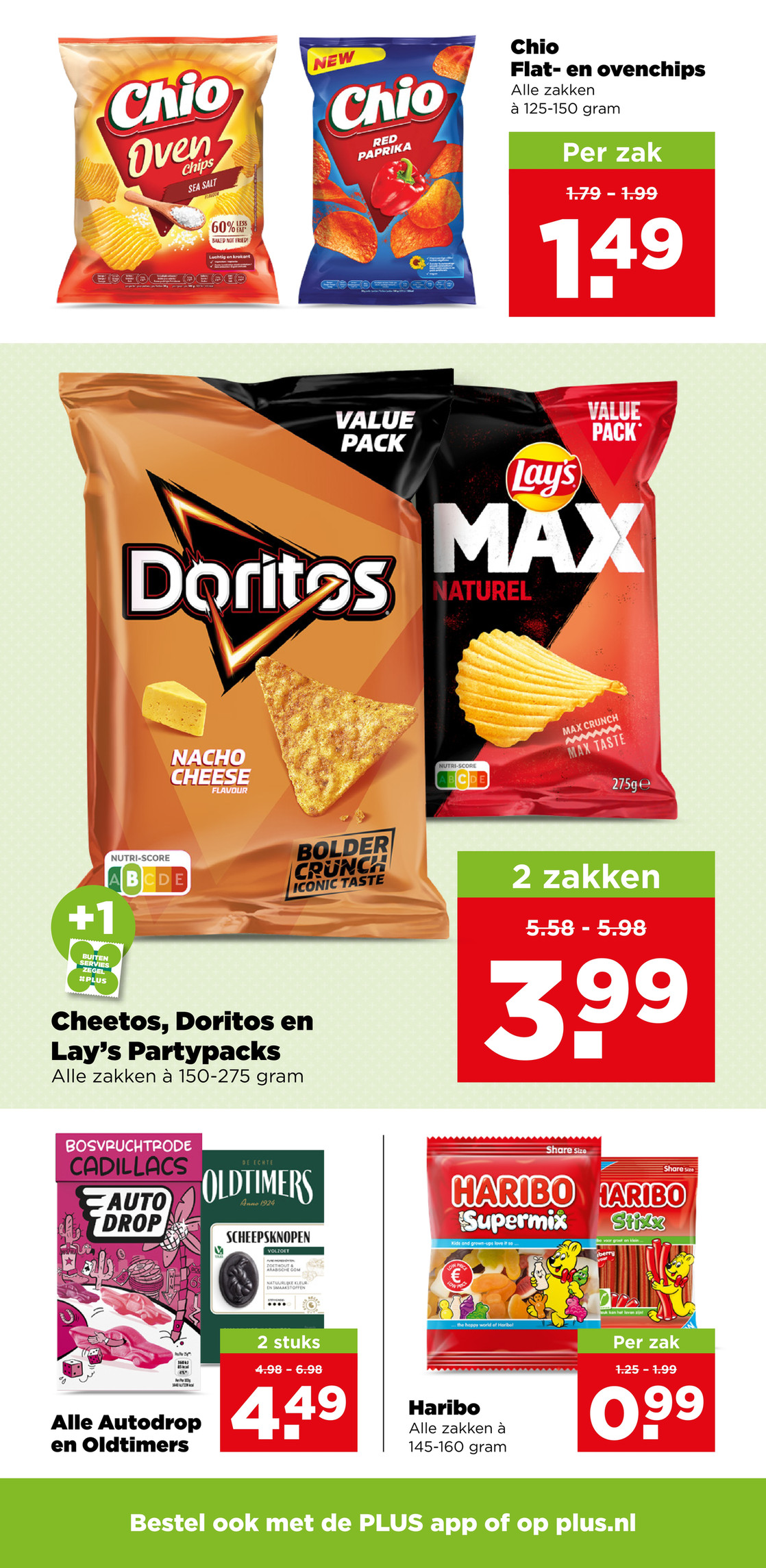 Cheetos, Doritos en Lay's Partypacks, gemarkeerd op pagina 19 van de Plus folder