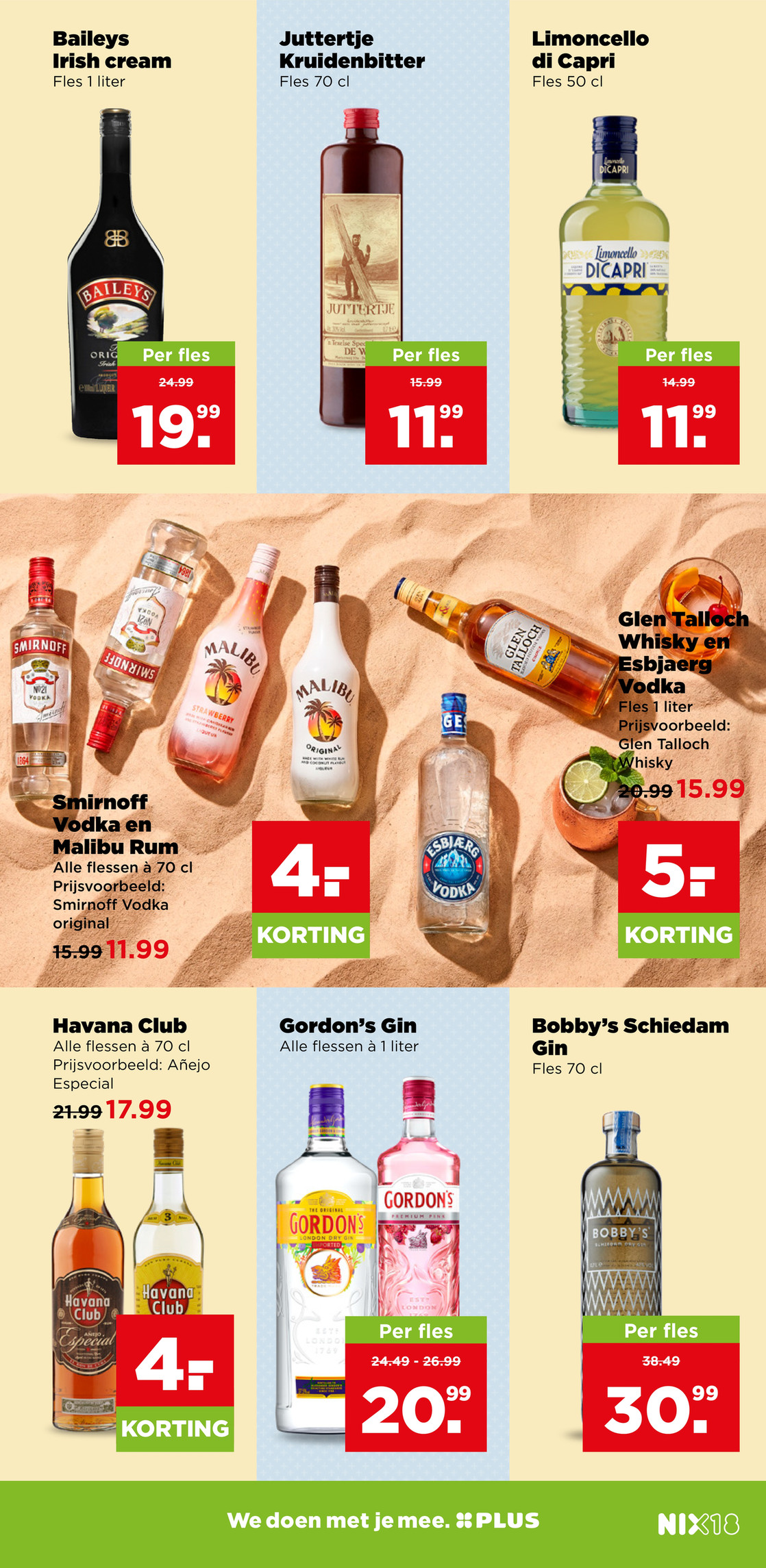 Smirnoff Vodka en Malibu Rum, gemarkeerd op pagina 35 van de Plus folder