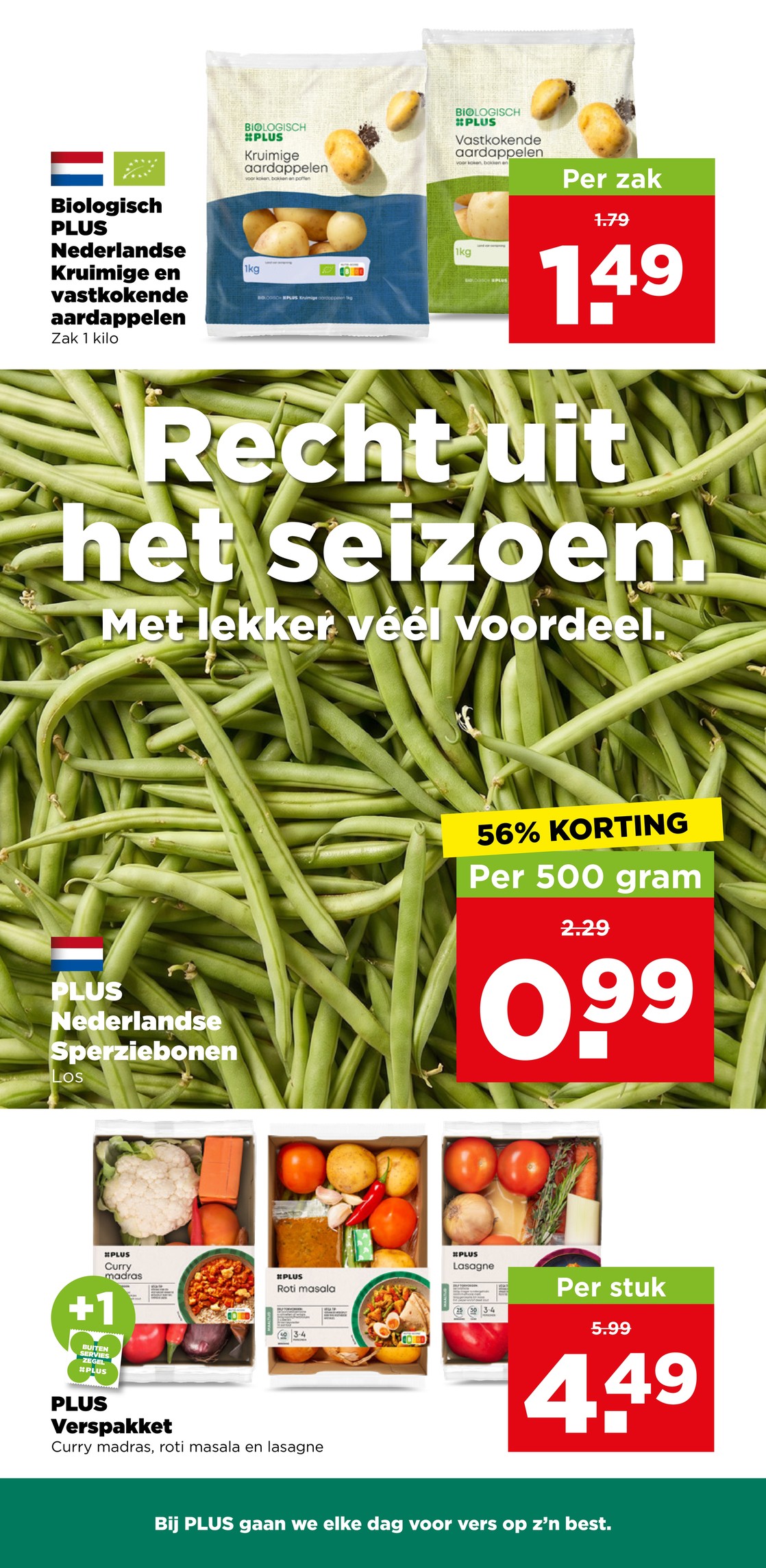 PLUS Verspakket (Curry madras, roti masala en lasagne), gemarkeerd op pagina 5 van de Plus folder