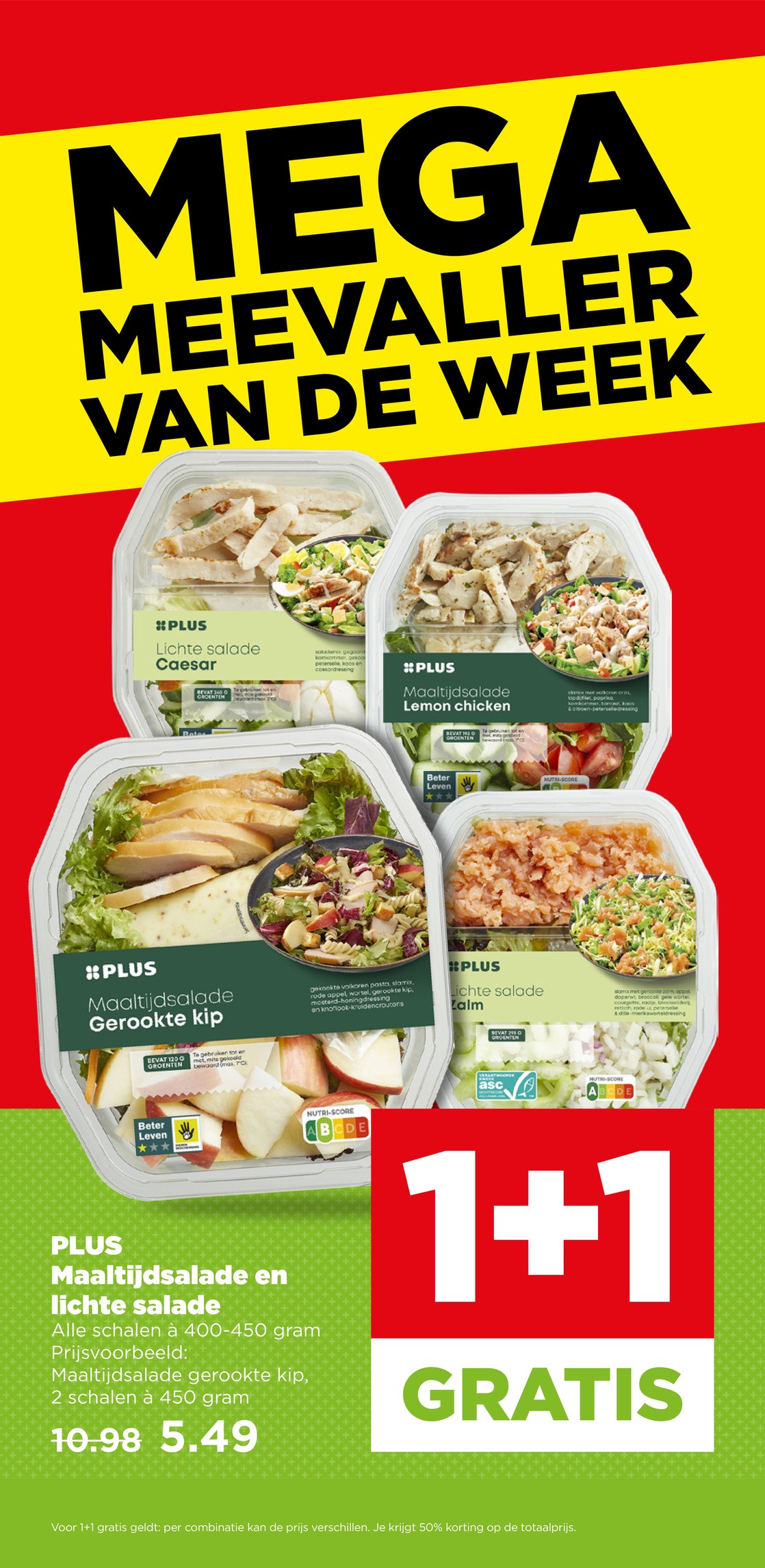 PLUS Maaltijdsalade en lichte salade, gemarkeerd op pagina 13 van de Plus folder