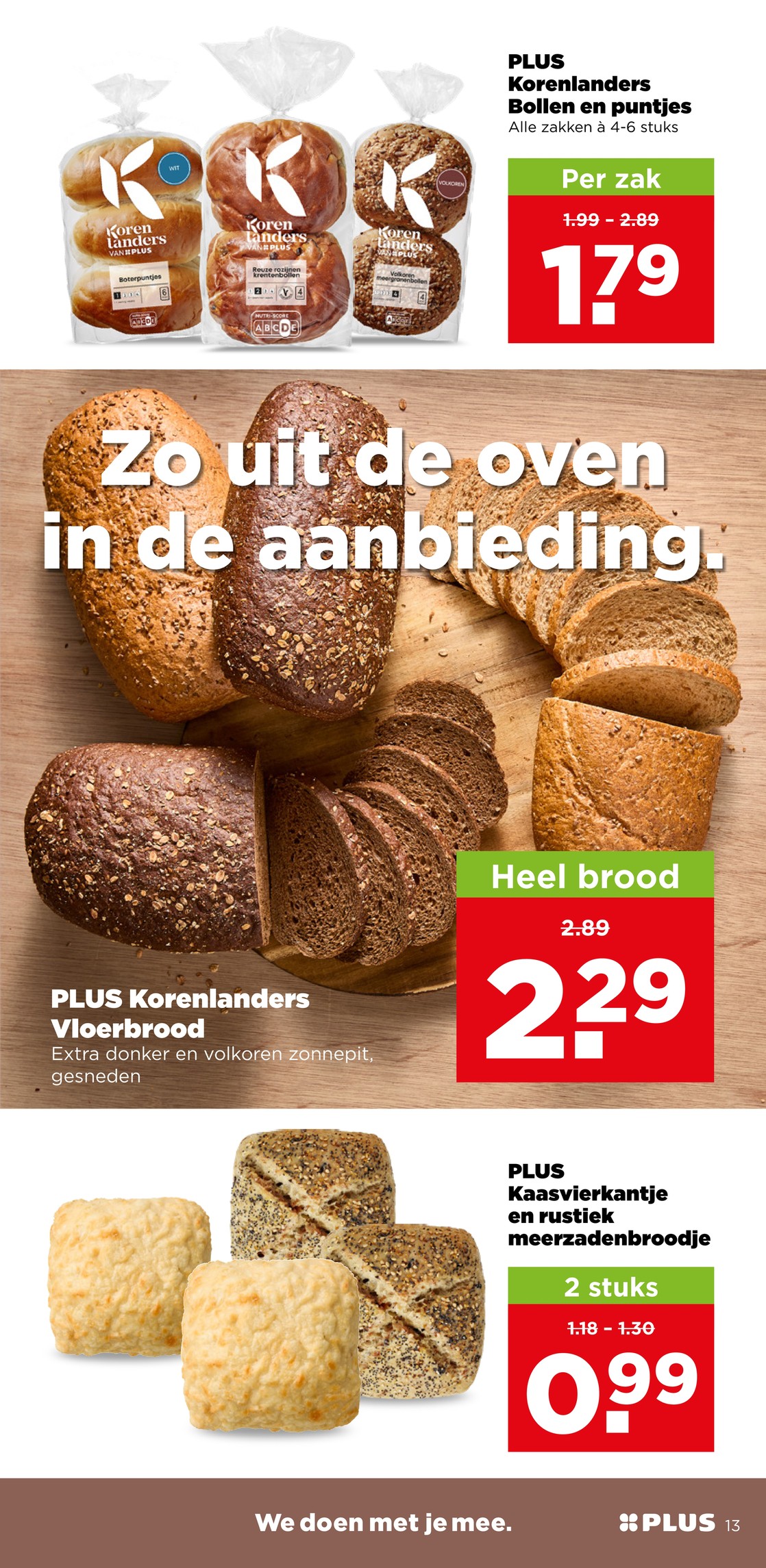 Kaasvierkantje en rustiek meerzadenbroodje, gemarkeerd op pagina 16 van de Plus folder
