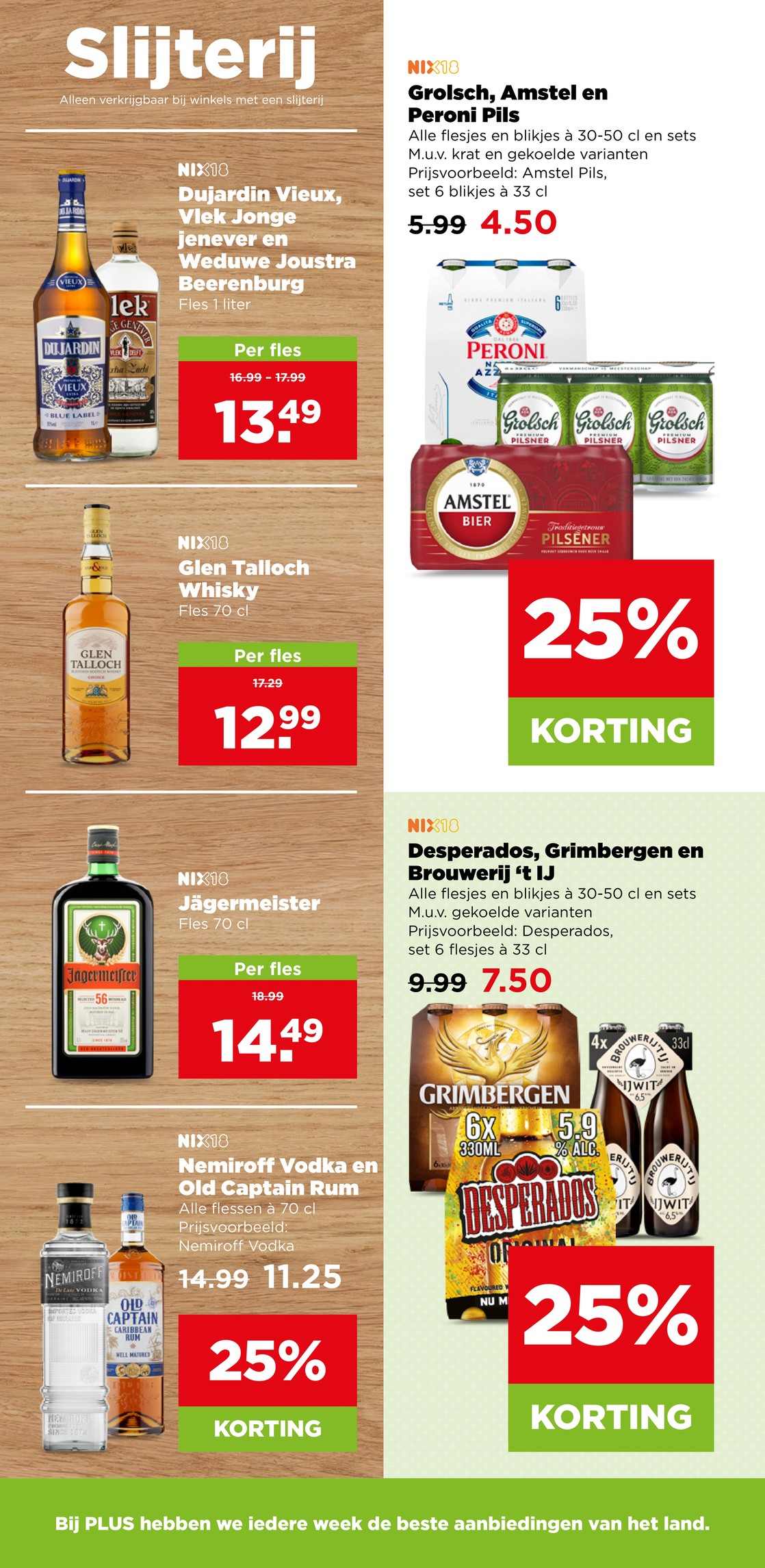 Grolsch, Amstel en Peroni Pils, gemarkeerd op pagina 26 van de Plus folder