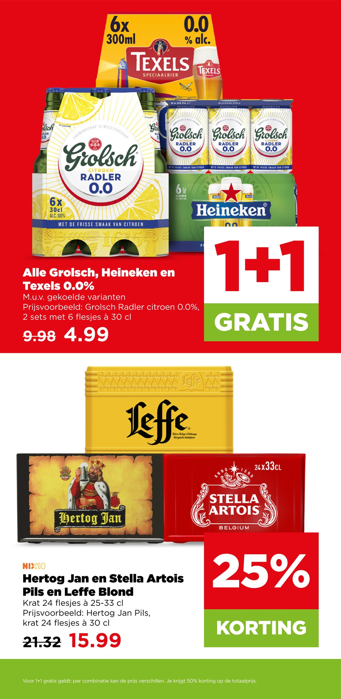Grolsch, Heineken en Texels 0.0% bier, gemarkeerd op pagina 27 van de Plus folder
