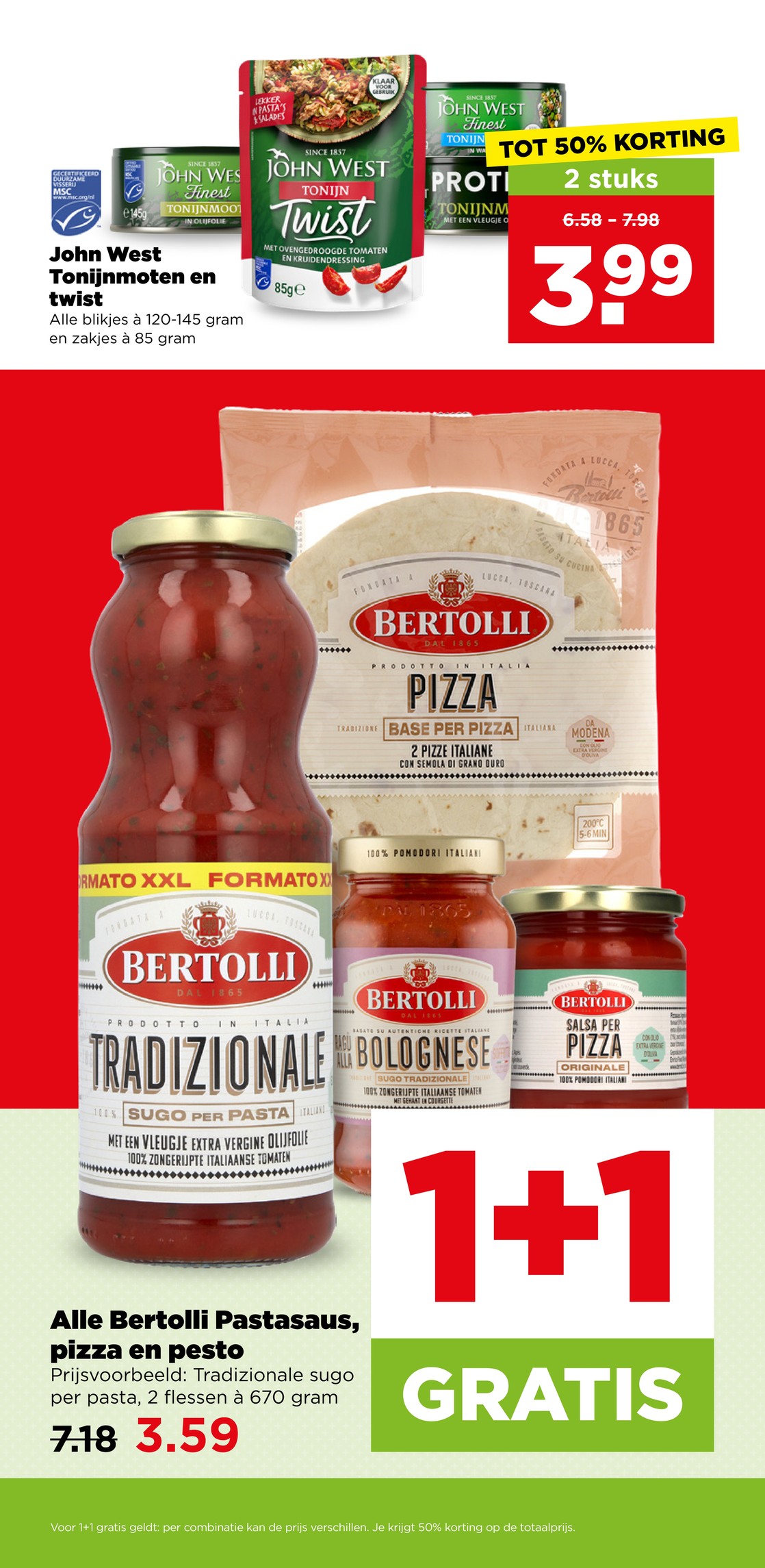 Alle Bertolli Pastasaus, pizza en pesto, gemarkeerd op pagina 31 van de Plus folder