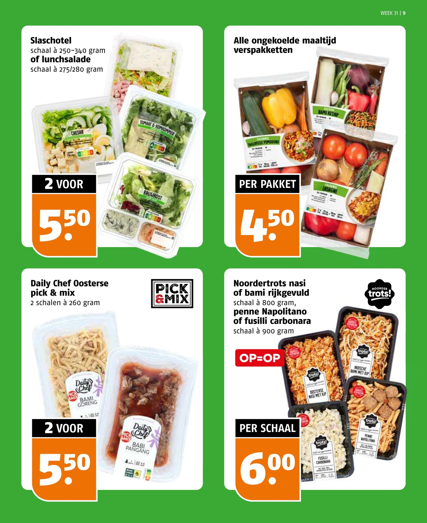 Ongekoelde maaltijd verspakketten, gemarkeerd op pagina 9 van de Poiesz folder