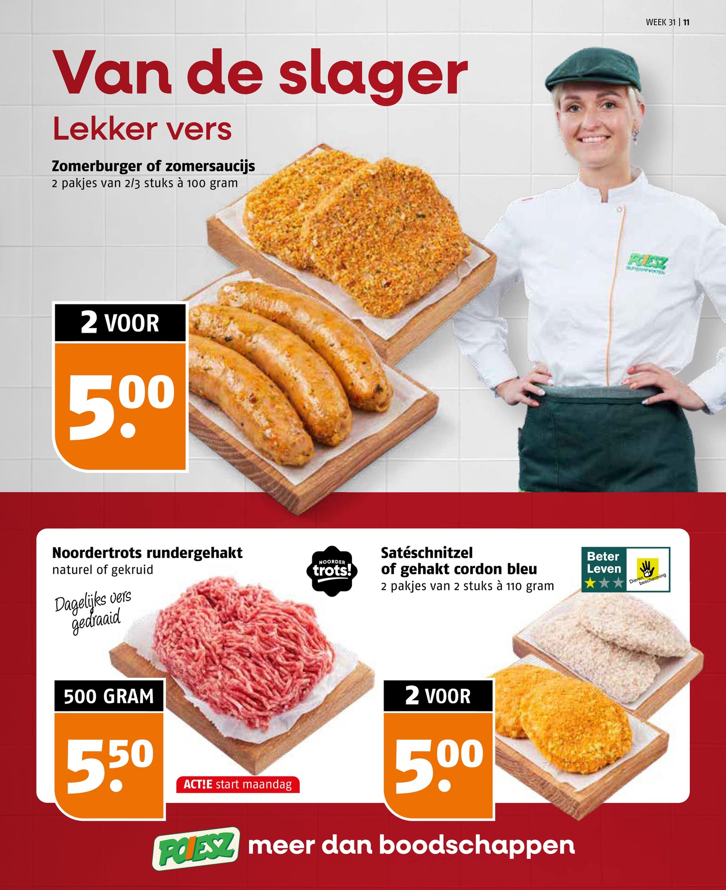 Zomerburger of zomersaucijs, gemarkeerd op pagina 11 van de Poiesz folder