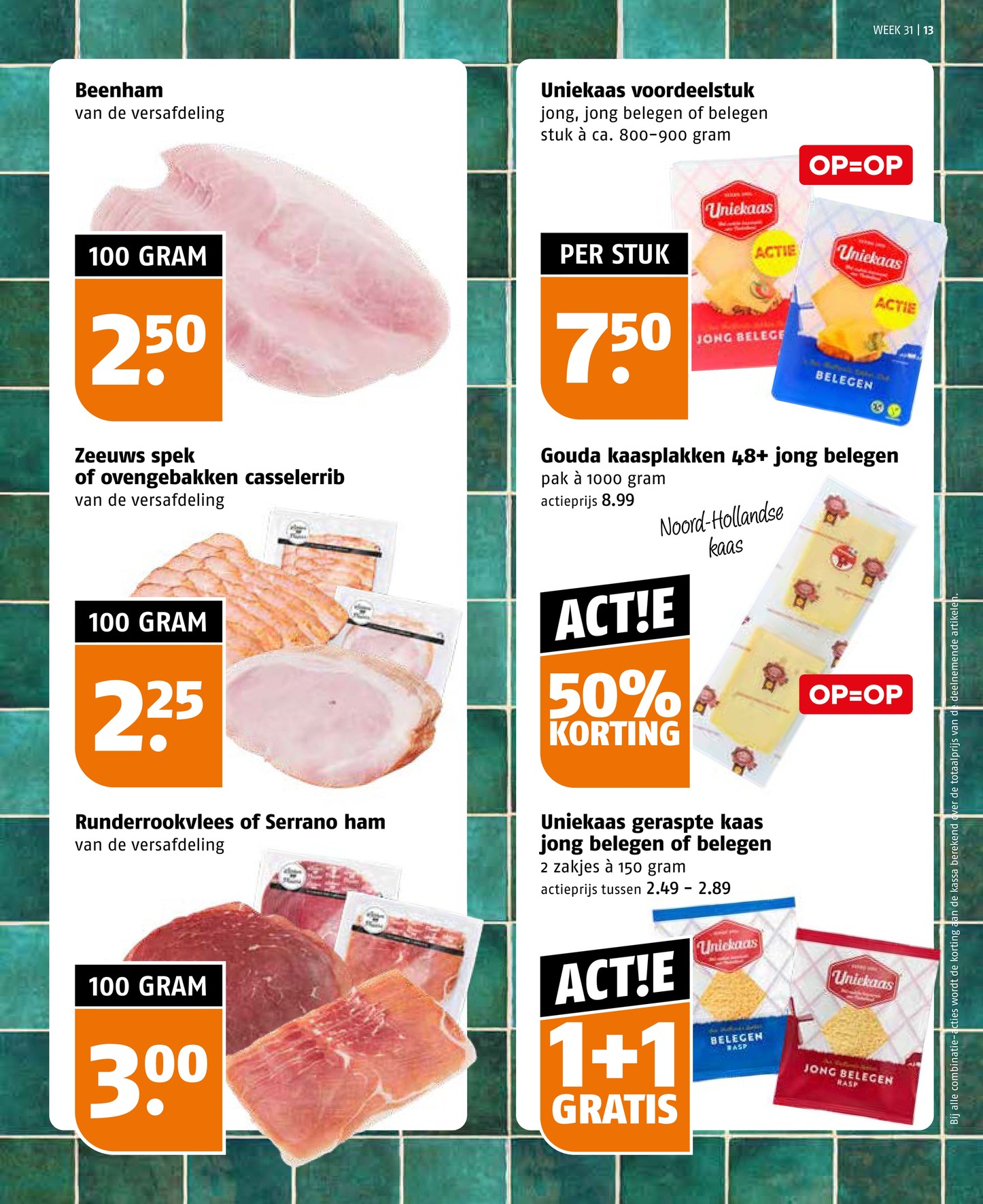 Gouda kaasplakken 48+ jong belegen, gemarkeerd op pagina 13 van de Poiesz folder