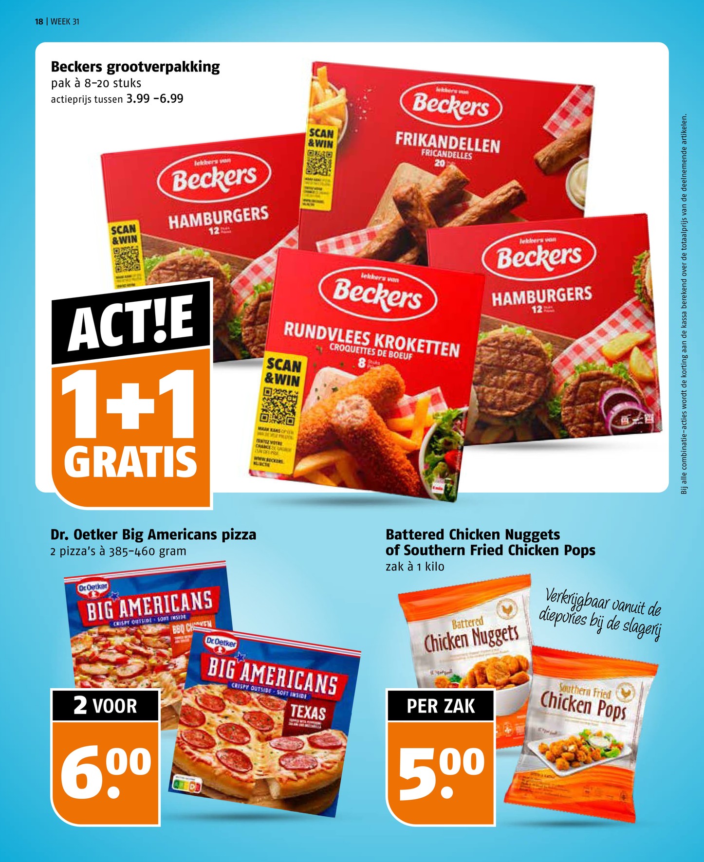 Beckers grootverpakking (frikandellen, hamburgers, kroketten), gemarkeerd op pagina 18 van de Poiesz folder