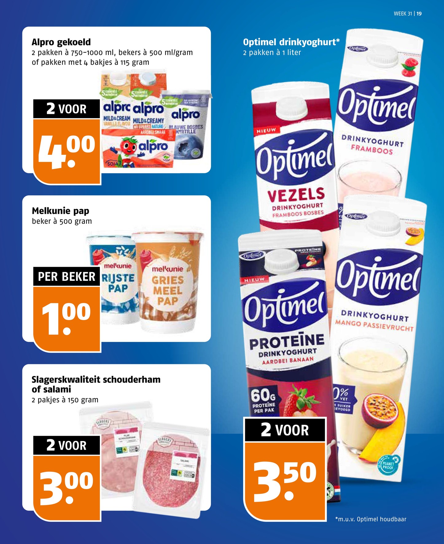 Optimel drinkyoghurt, gemarkeerd op pagina 19 van de Poiesz folder