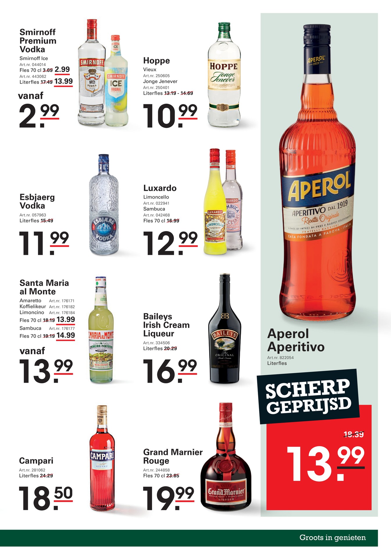 Santa Maria al Monte Amaretto / Koffielikeur / Limoncino / Sambuca, gemarkeerd op pagina 11 van de Sligro folder