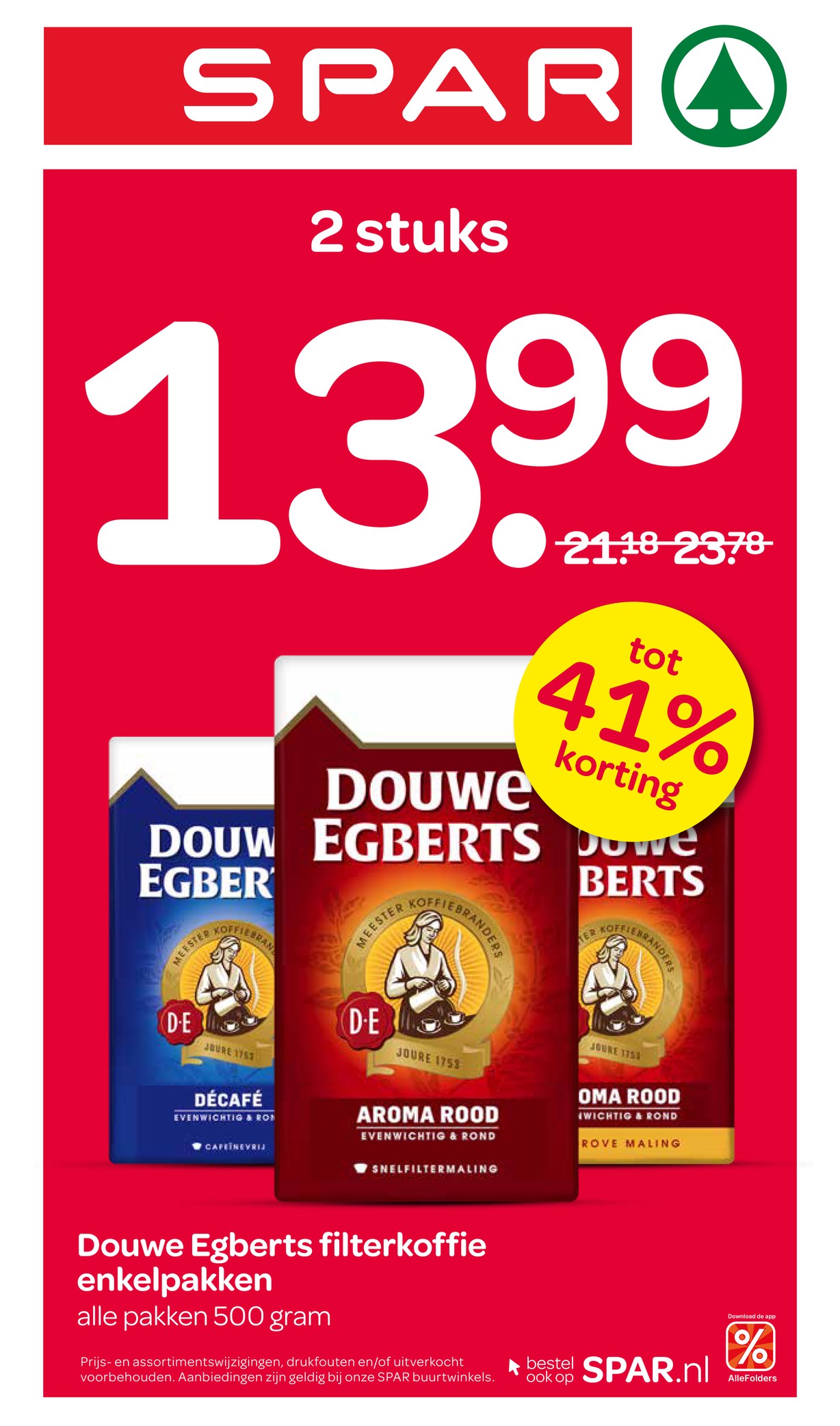 Douwe Egberts filterkoffie, gemarkeerd op pagina 16 van de Spar folder