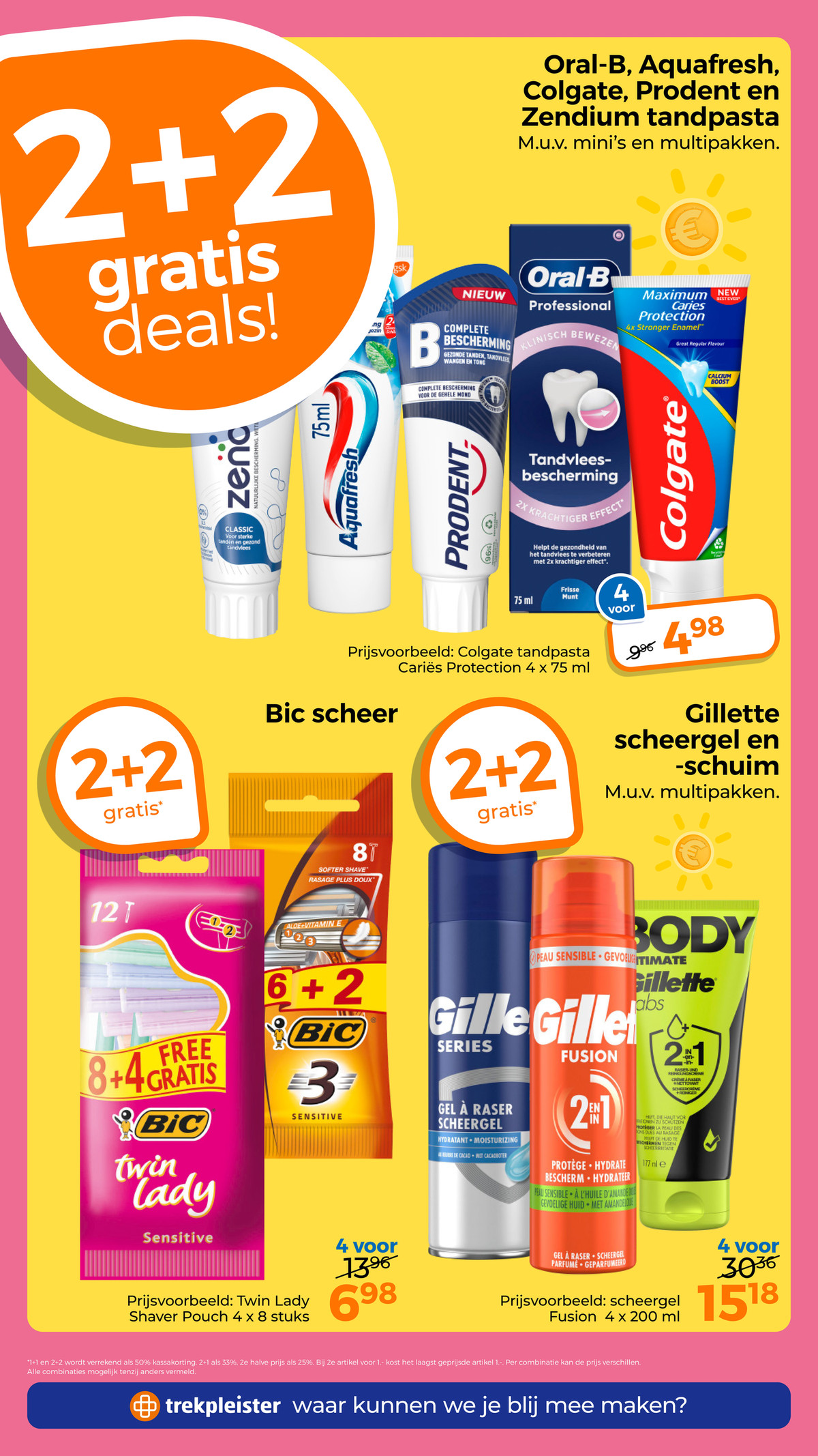 Oral-B, Aquafresh, Colgate, Prodent en Zendium tandpasta, gemarkeerd op pagina 14 van de Trekpleister folder