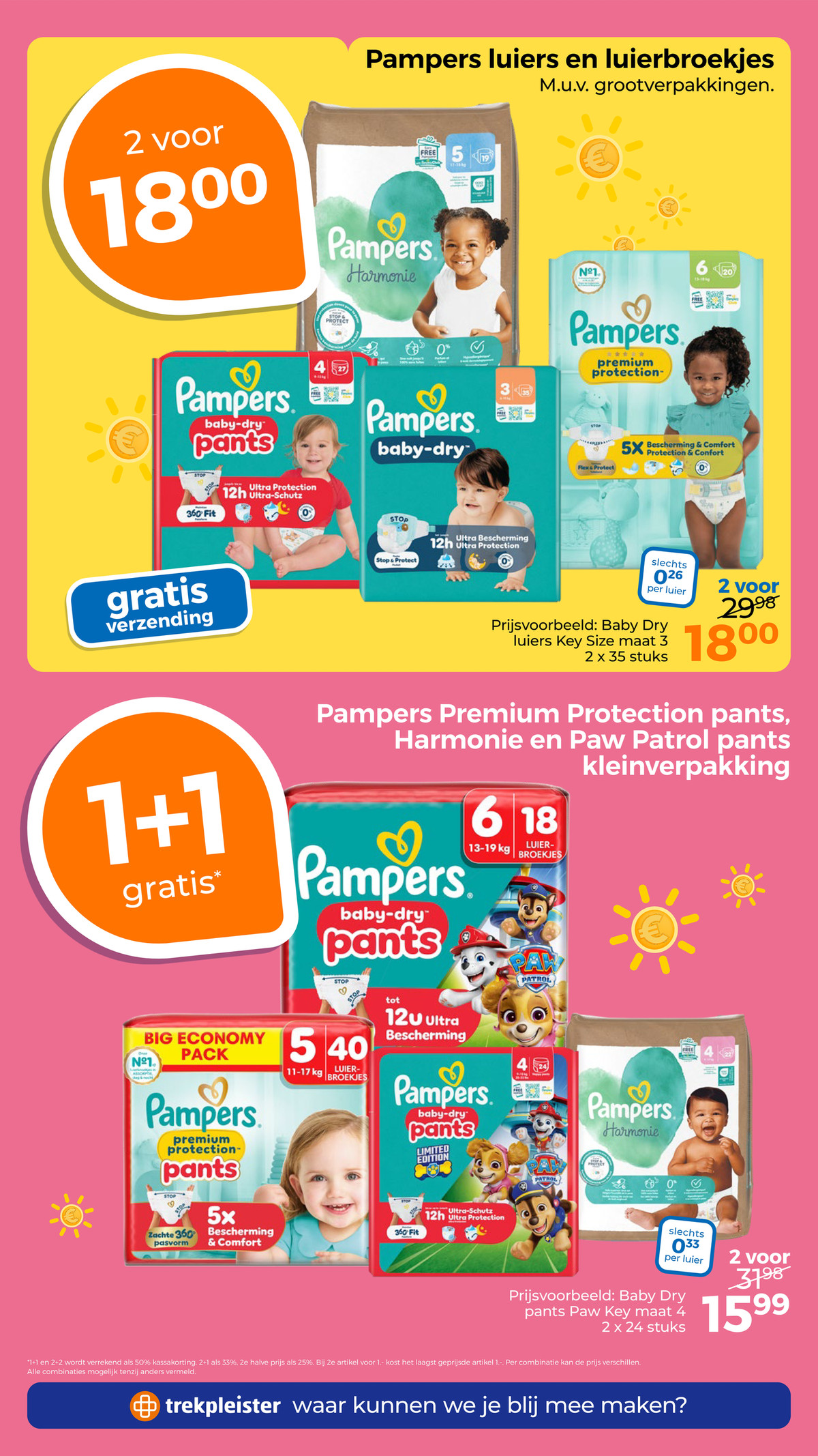 Pampers luiers en luierbroekjes, gemarkeerd op pagina 45 van de Trekpleister folder