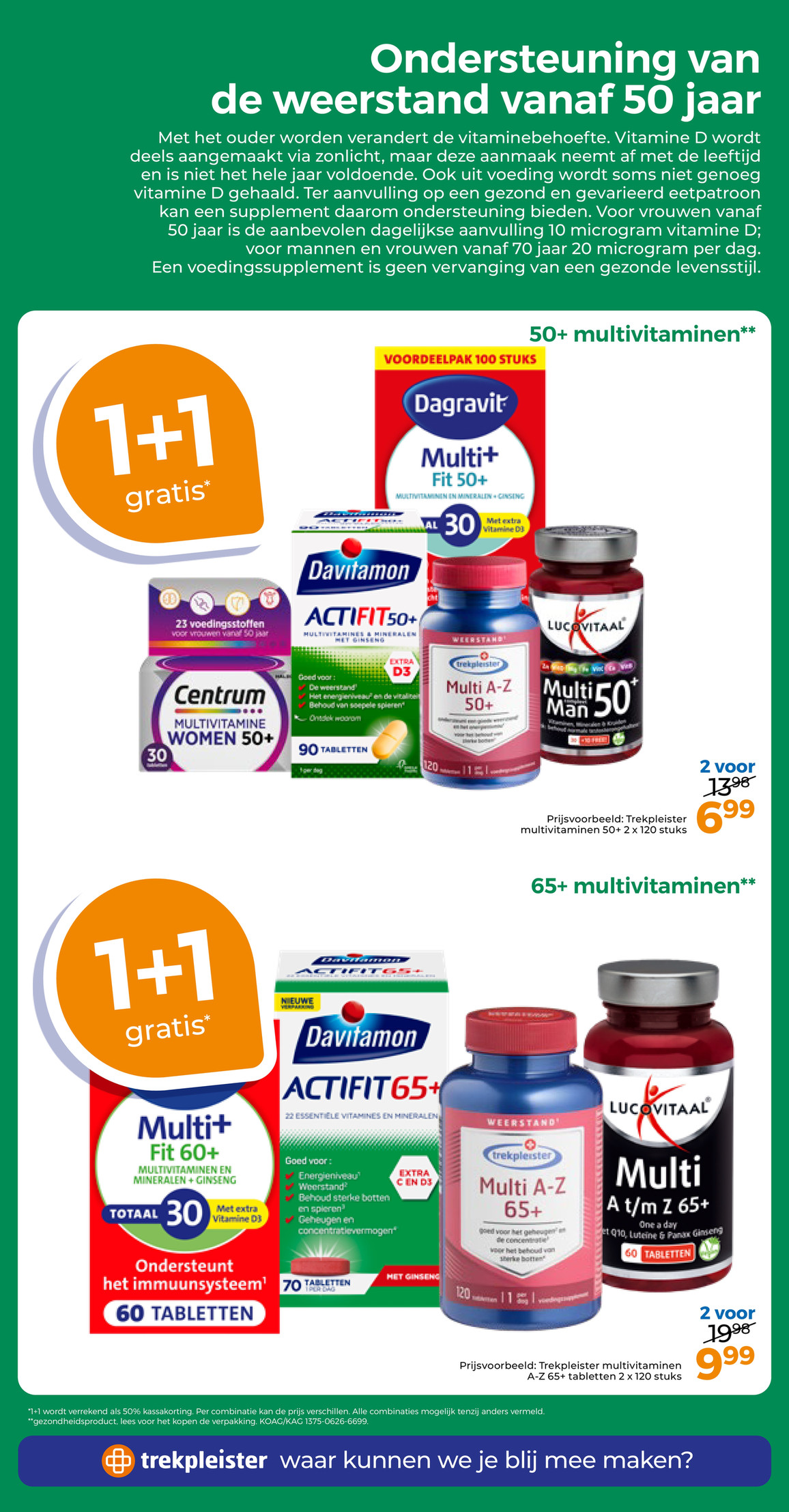Trekpleister Multi A-Z 65+ multivitaminen, gemarkeerd op pagina 26 van de Trekpleister folder