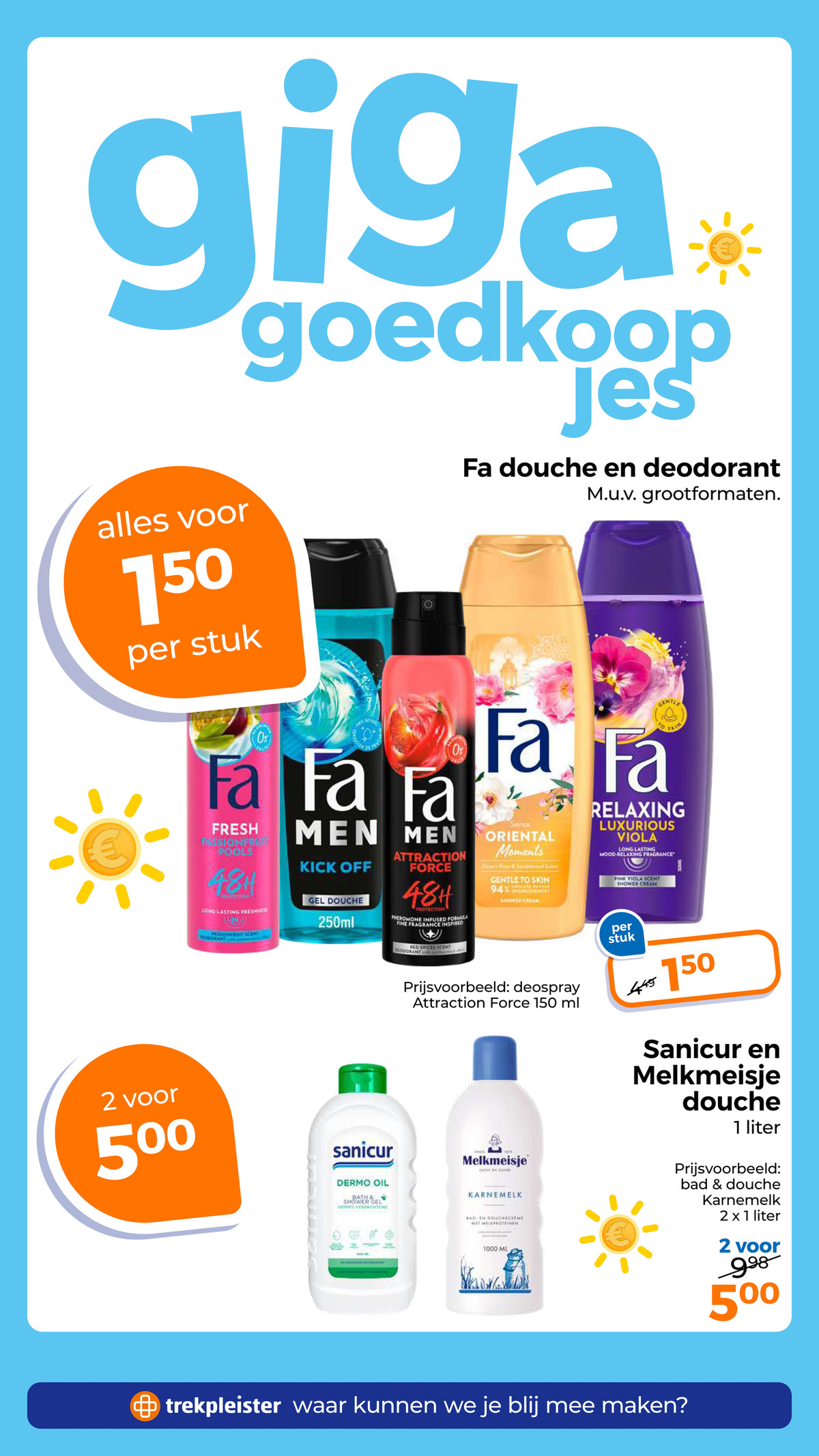 Fa douche en deodorant, gemarkeerd op pagina 5 van de Trekpleister folder