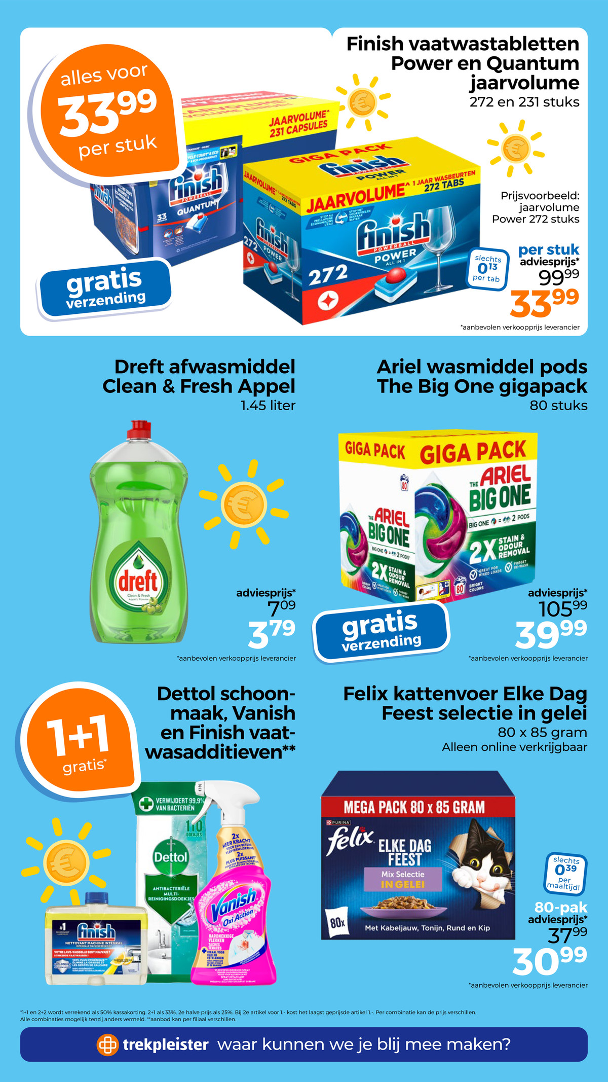 Finish vaatwastabletten Power en Quantum, gemarkeerd op pagina 63 van de Trekpleister folder