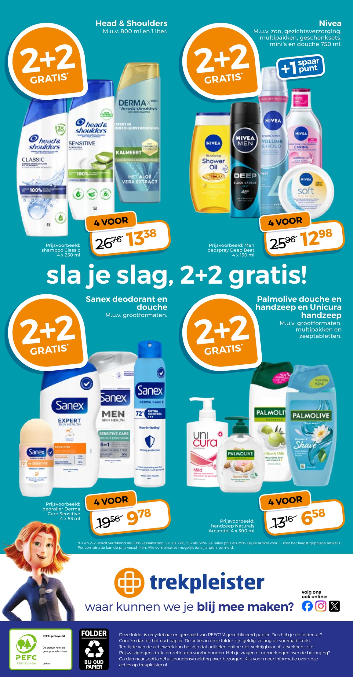 Palmolive douche en handzeep en Unicura handzeep, gemarkeerd op pagina 22 van de Trekpleister folder